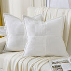 Haussy Pure White Decorative Throw Pillow Covers 24X24 Inch Set Of 2,Soft Solid Corduroy Striped Cushion Case,Square Euro Pillow