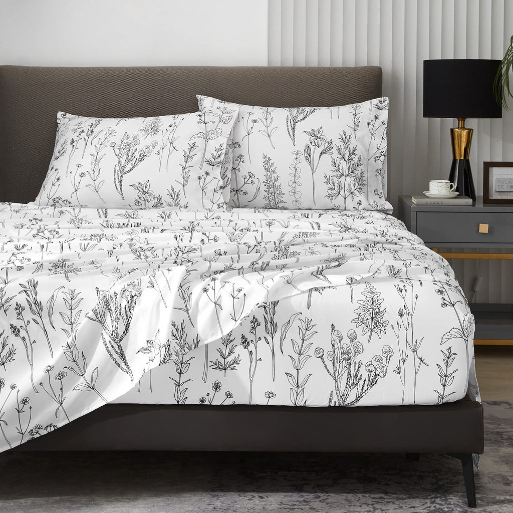 Hyprest Floral Sheets Queen Size,18 Inches Deep Pocket Sheets, 1800 Thread Count Black And White Leaf Floral Bed Sheets Soft Bre