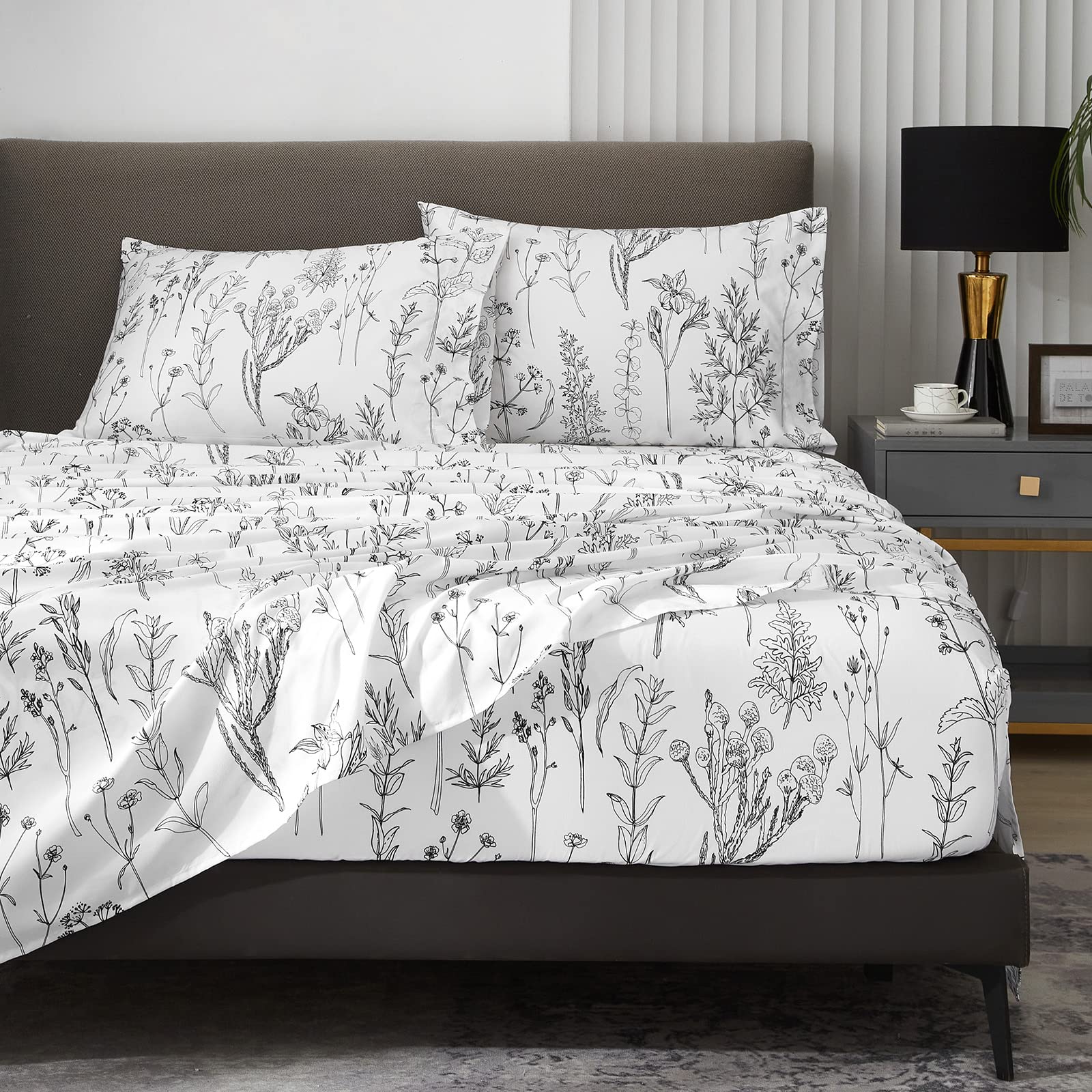Hyprest Floral Sheets Queen Size,18 Inches Deep Pocket Sheets, 1800 Thread Count Black And White Leaf Floral Bed Sheets Soft Bre