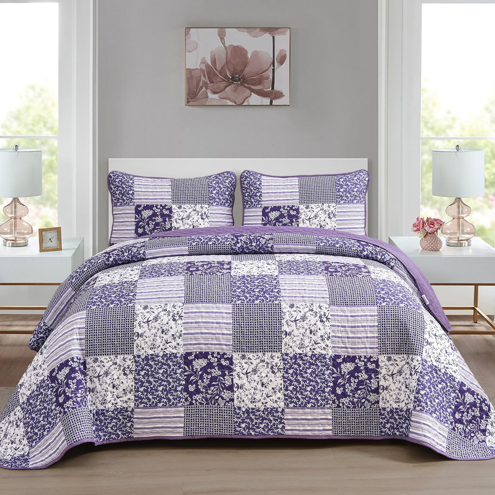 Mybedsoul Purple Quilt Set King Size Quilt Bedding Set Brown Plaid,3 Pieces Floral Patchwork Reversible Bedspread Coverlet Set F