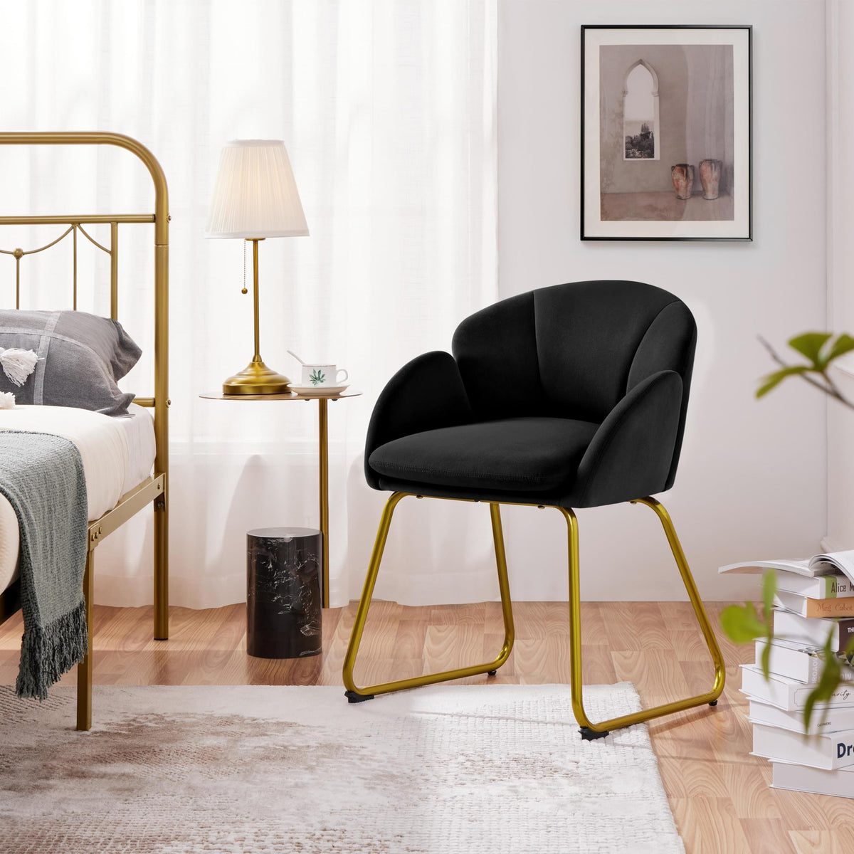Yaheetech Modern Velvet Armchair, Flower Shaped Makeup Chair Vanity Chair With Golden Metal Legs For Living Room/Makeup Room/Bedroom/Home Office/Kitchen, Black