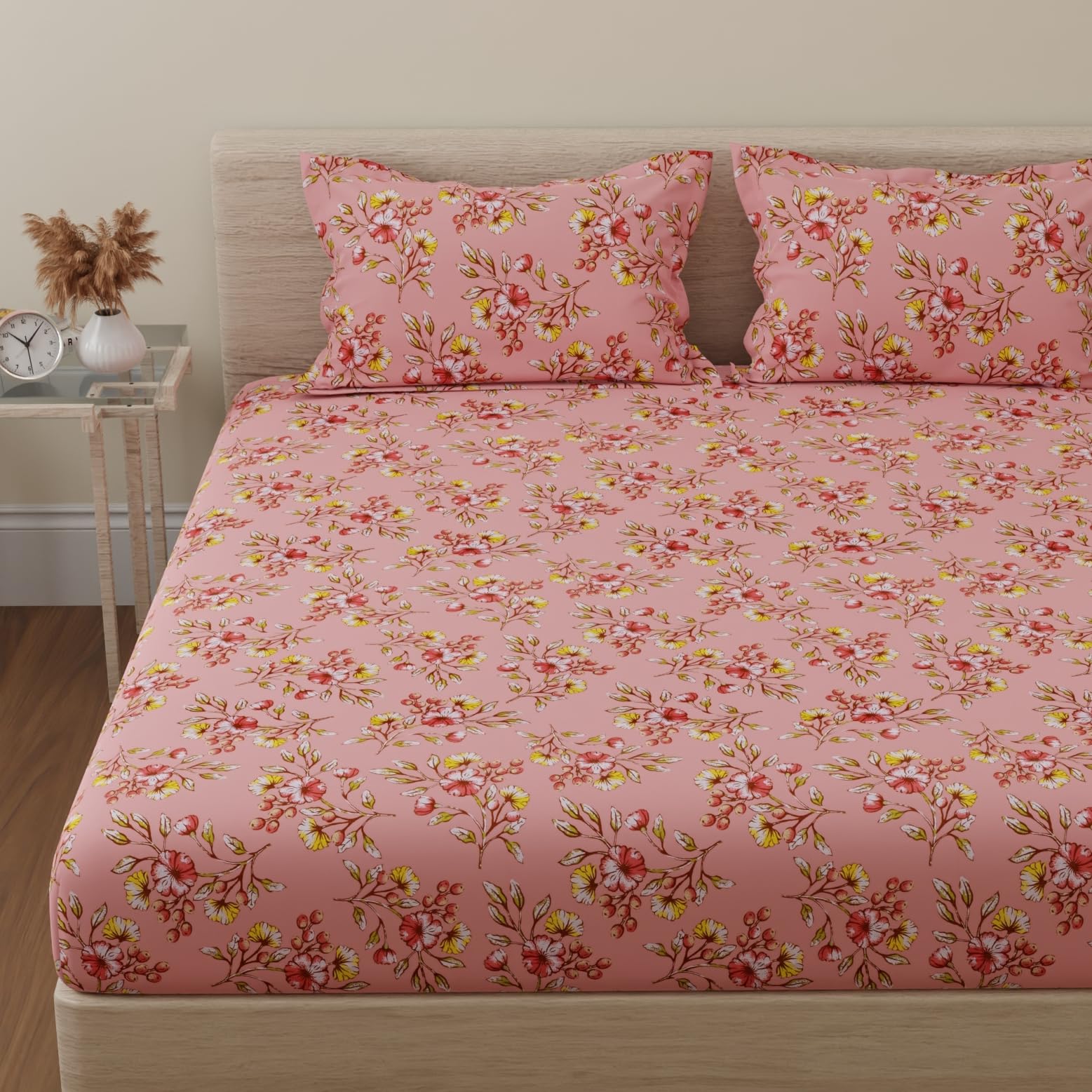 Huesland By Ahmedabad Cotton 144 Tc Double Bedsheet Cotton With 2 Pillow Covers | Peach & Pink