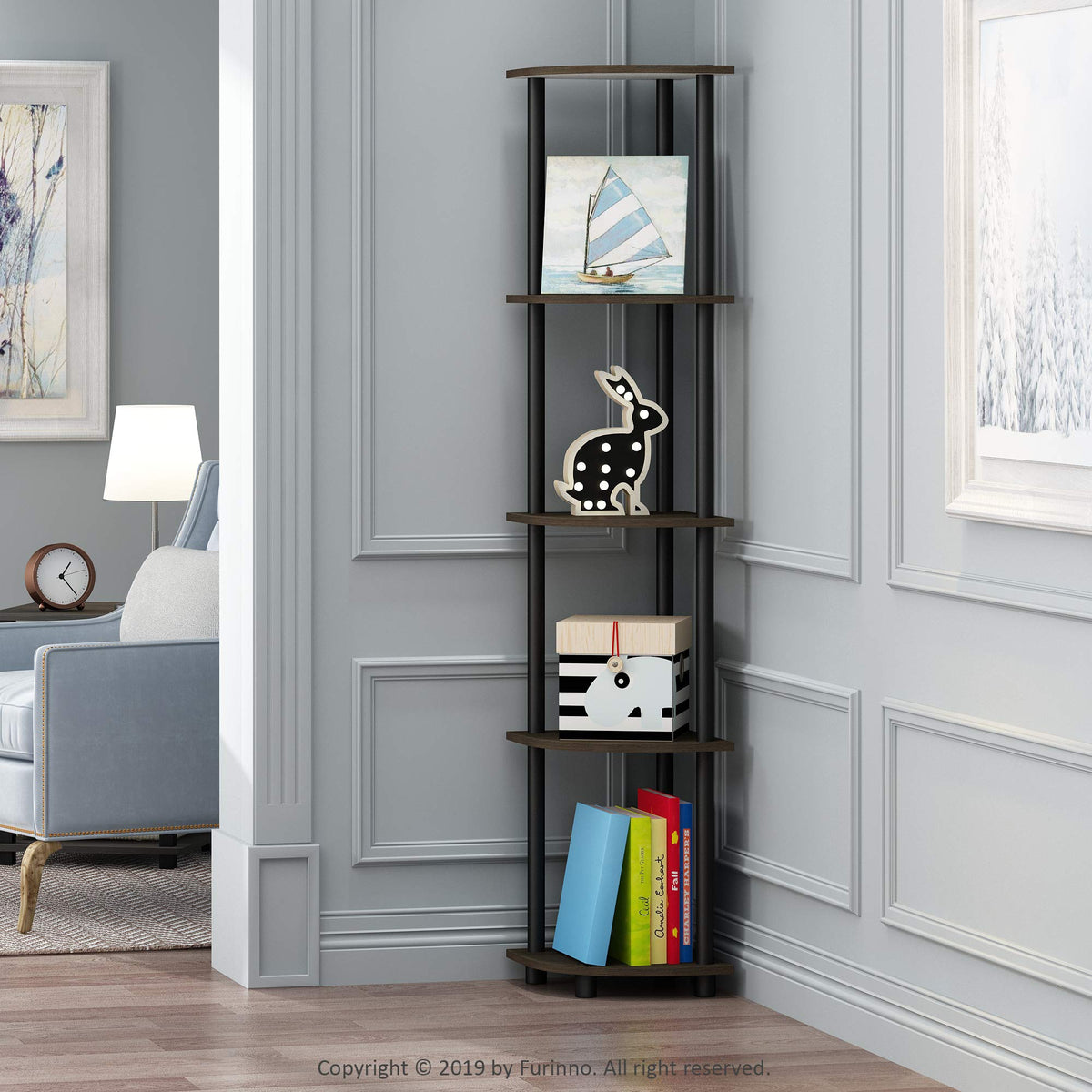 Furinno Turn-N-Tube 5-Tier Corner Multipurpose Display Shelves, Set of 2, Dark Brown Grain/Black
