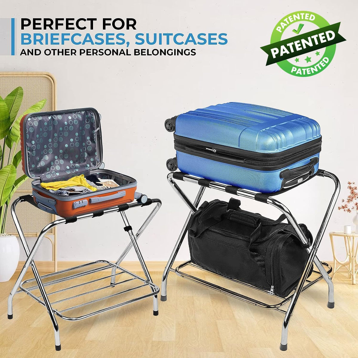 2-Tier Folding Luggage Rack with Nylon Straps, Rubber Feet, Chrome Finish
