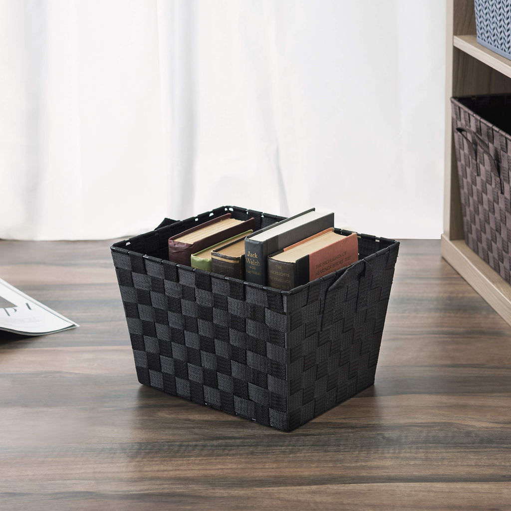 Home Basics Multi-Purpose Medium Woven Strap Open Bin Basket With Handles, Black
