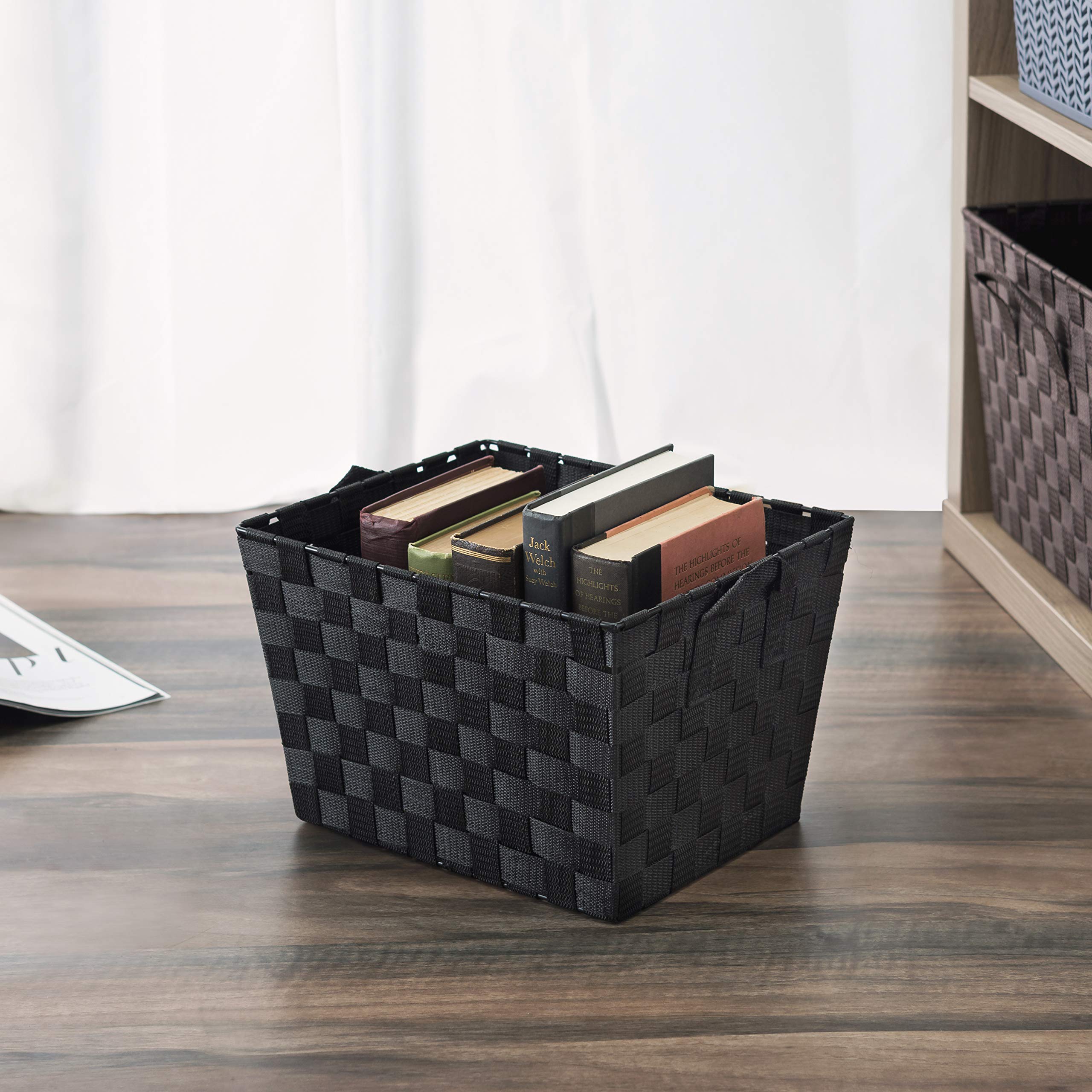 Home Basics Multi-Purpose Medium Woven Strap Open Bin Basket With Handles, Black