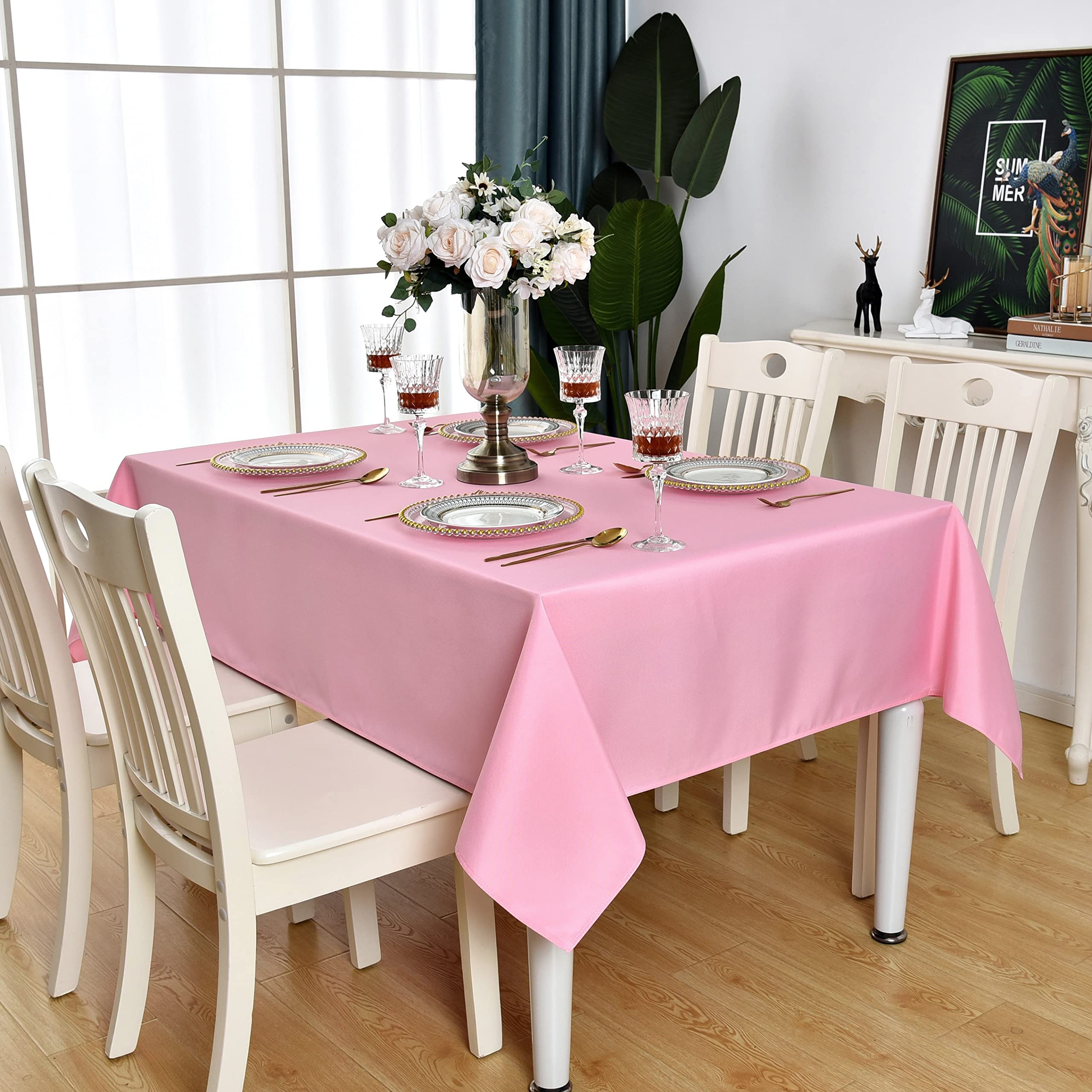 Kaipho Pink Rectangle Tablecloth Waterproof Stain Resistant Wrinkle Free Table Cloth 210Gsm Polyester Wipeable Table Cover For P