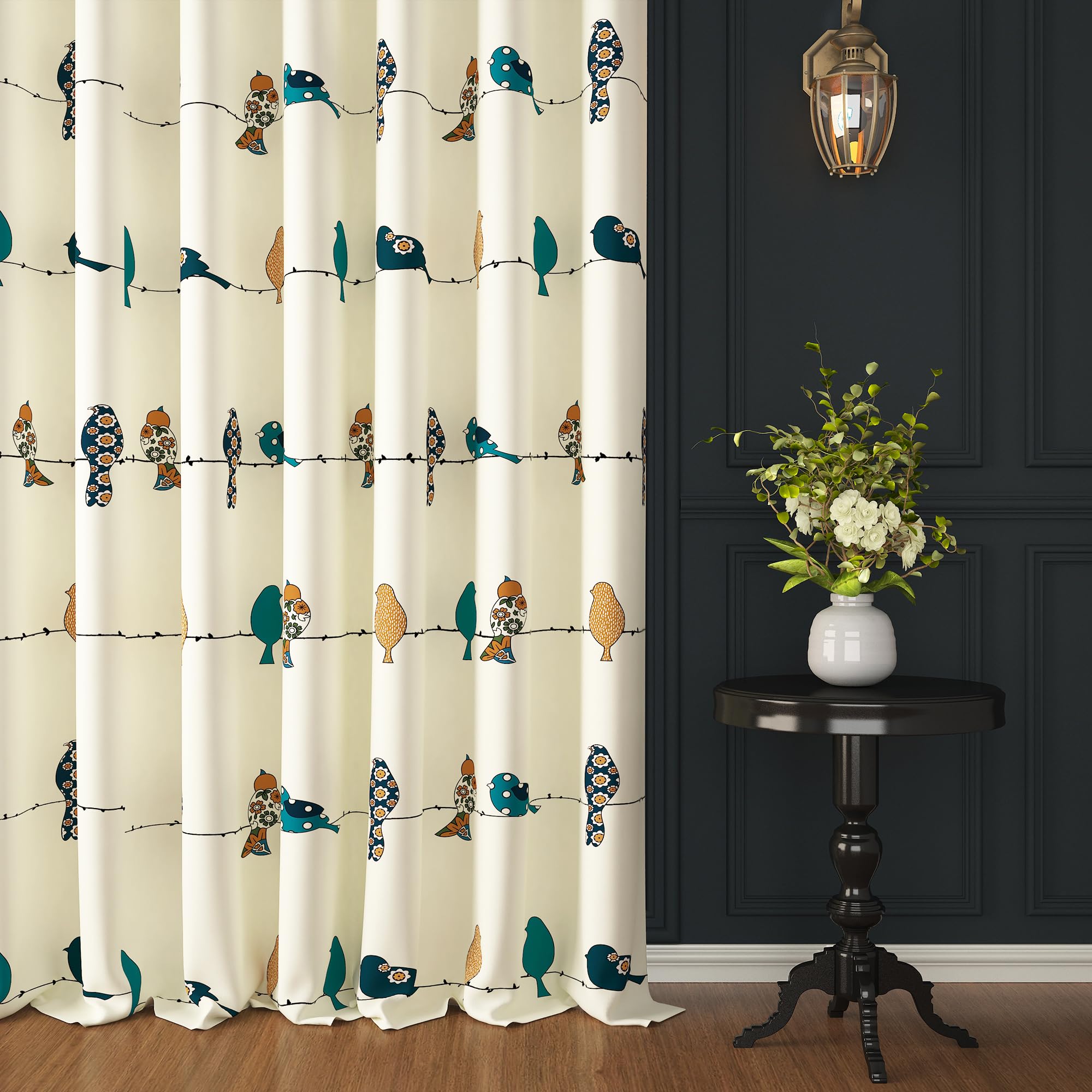 Story@Home Cotton LightFiltering Curtains 8 Feet Set Of 2,Bohemian Curtain,Birds Printed,Light Filtering Semi Long Door Curtain