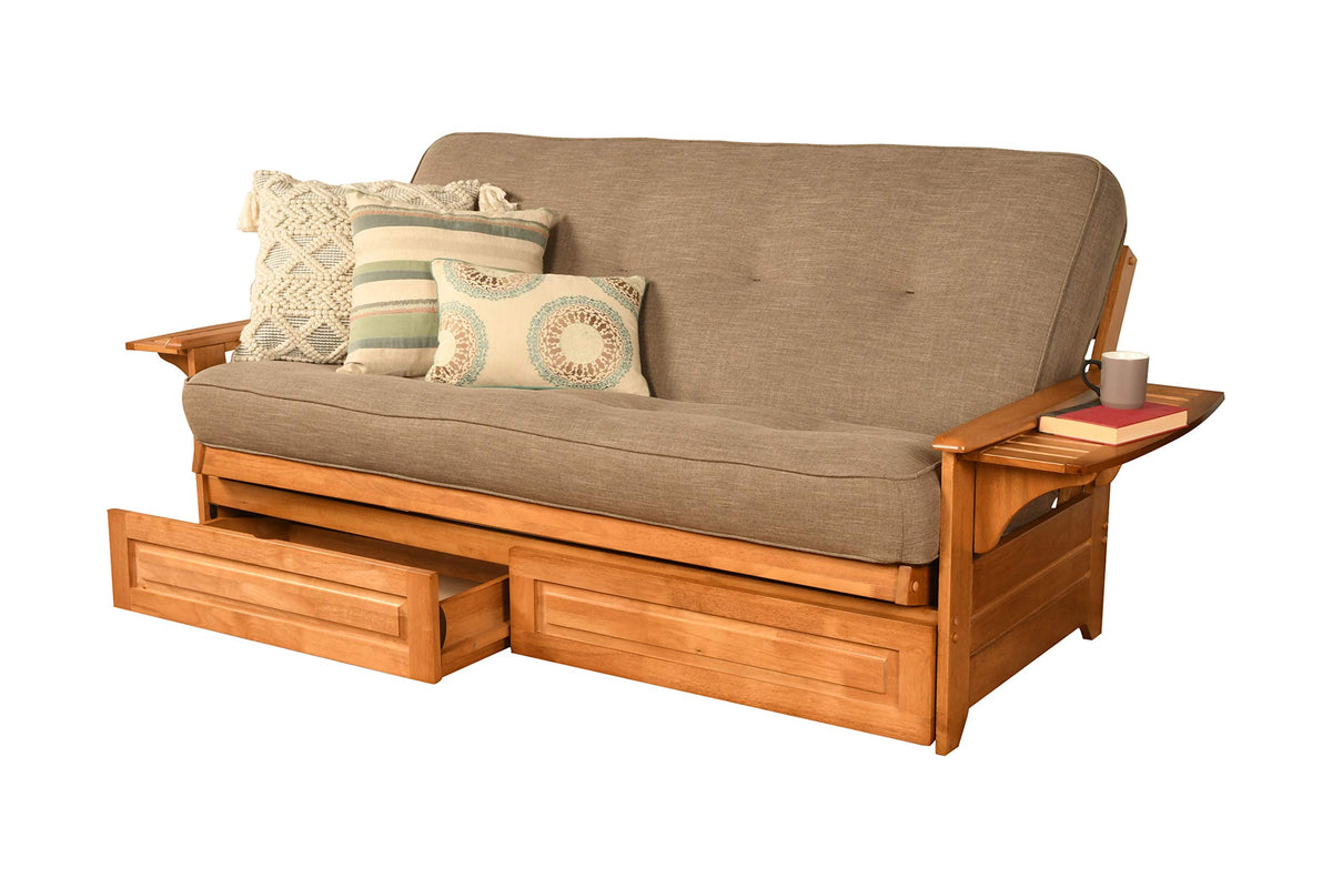 Kodiak Furniture Phoenix Full Size Futon in Butternut Finish with Storage Drawers, Linen Stone