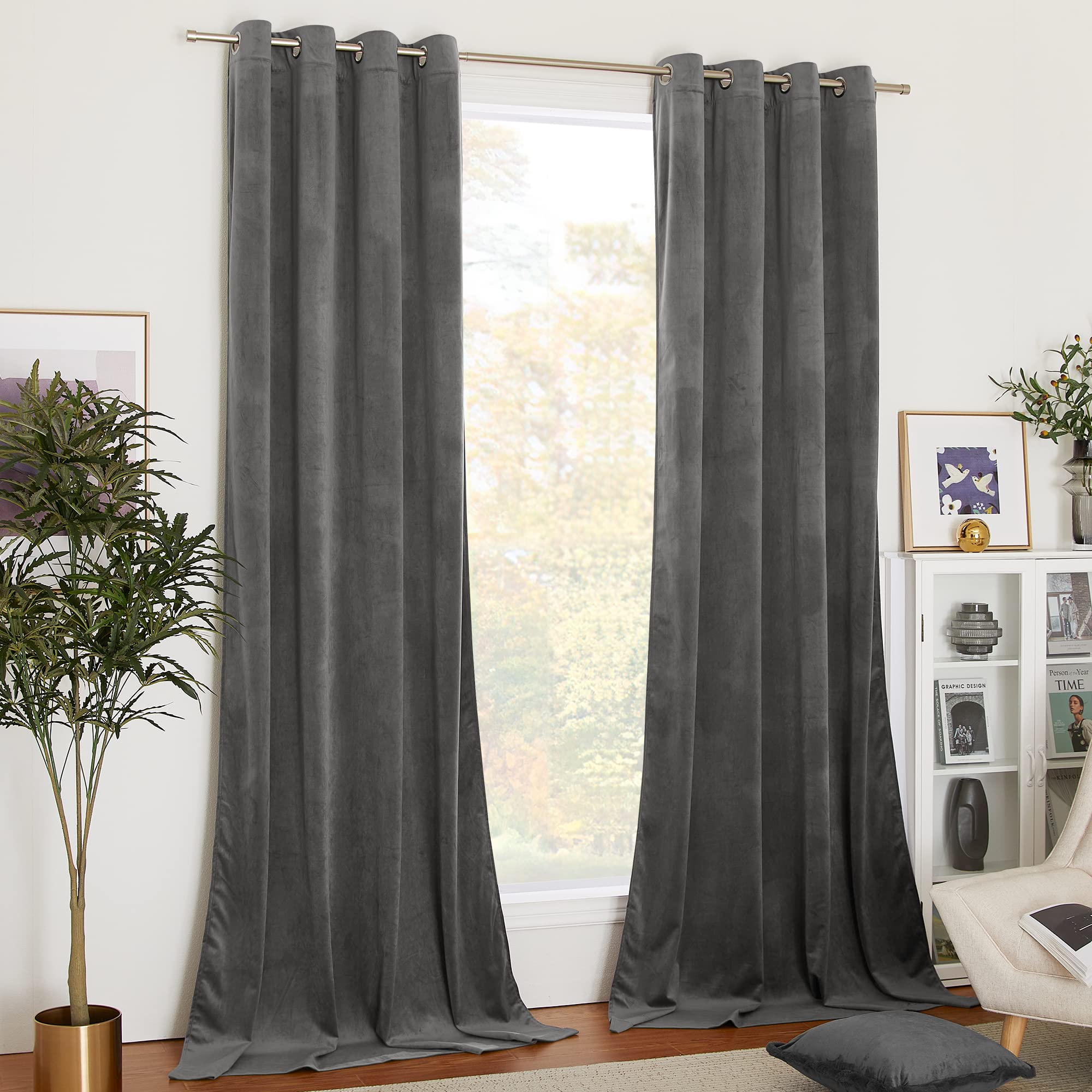 Nicetown Grey Velvet Curtain Panels, Media Movie Theater Room Decor, Heavy-Duty Velvet Woven Home Theater Grommet Top Drapes For