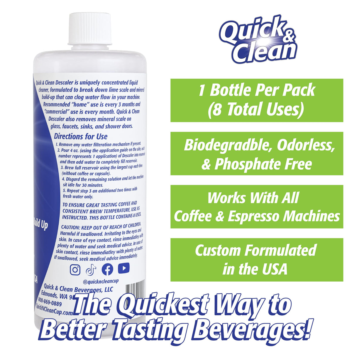 Quick & Clean 32Oz. Descaler (8 Total Uses) - Made In The Usa - Descaling Solution For Nespresso, Ninja, Delonghi, All Other Cof