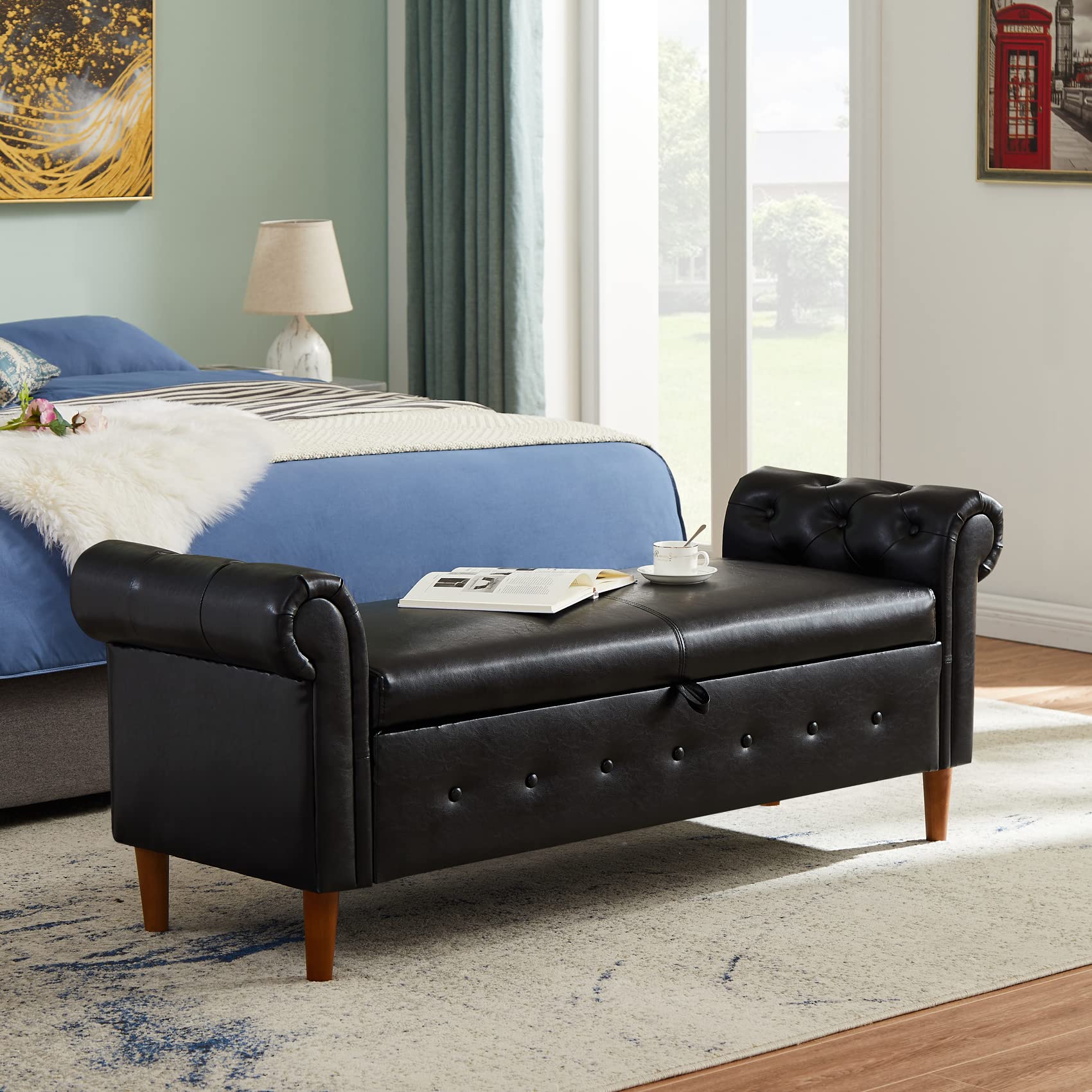 Aoowow Storage Bench for Bedroom End of Bed Rolled Armed PU Leather Ottoman Long Bench Seat Window Sitting Fireplace Toy Storage