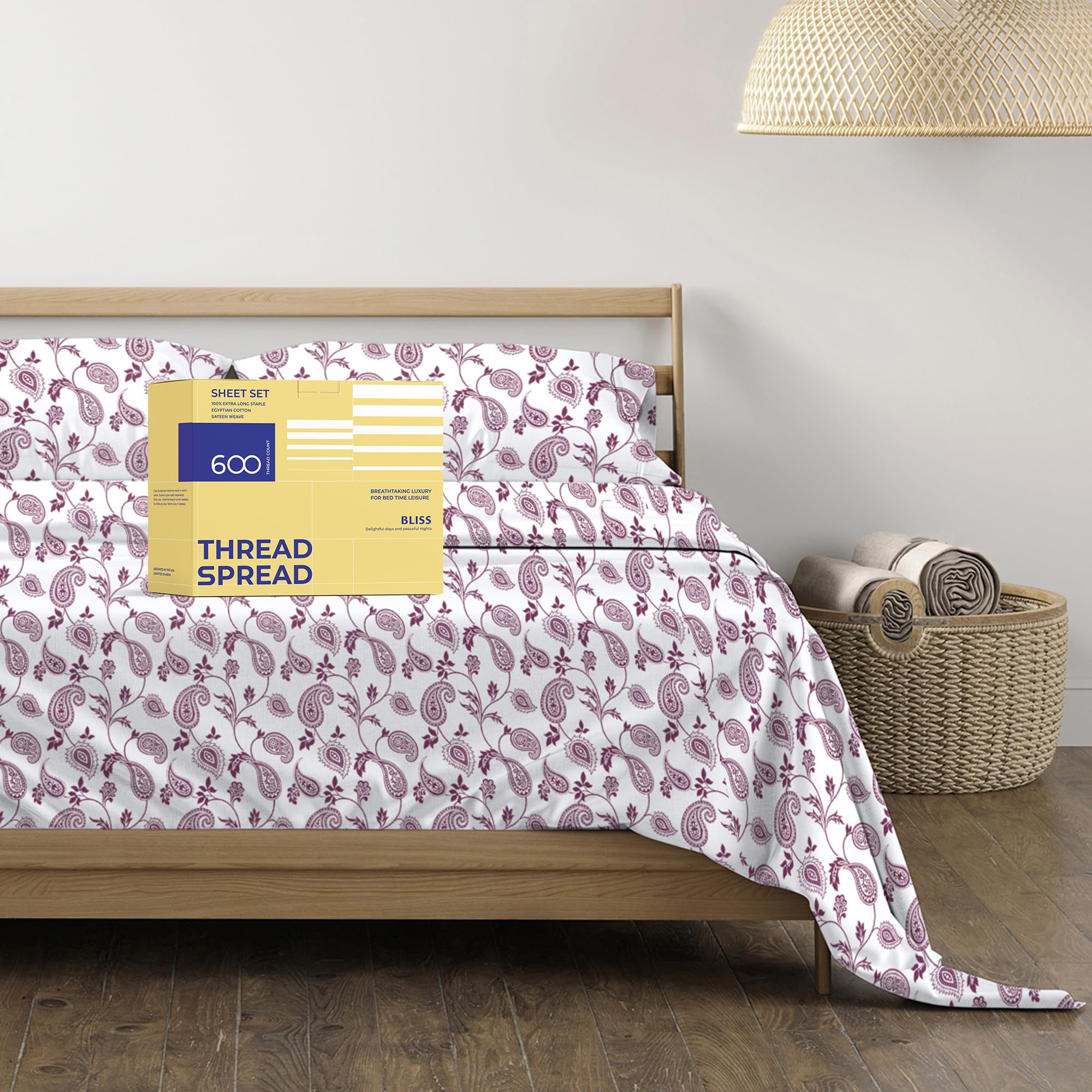 Thread Spread 100% Egyptian Cotton Printed Bed Sheets - 600 Thread Count 4 Pc Full Sheet Set, Hotel Luxury Sateen Bedsheets, 16' Deep Pocket Extra Soft Cooling Sheets For Full Size Bed - Paisley