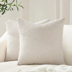 Topfinel 12X12 Inch Decorative Pillow Covers Set Of 2 For Couch Sofa Bed, Soft Corduroy Striped Patchwork Cream White Throw Pill