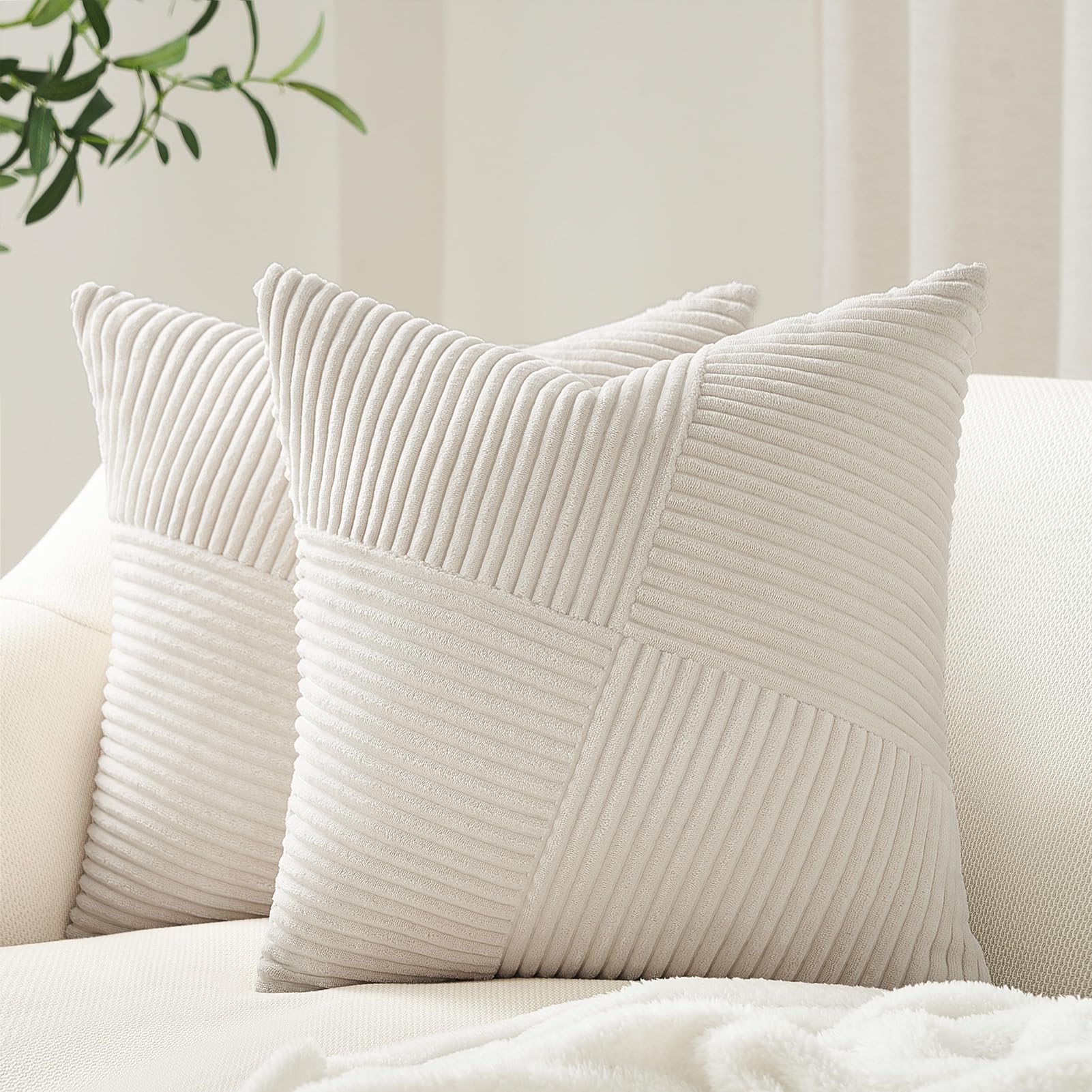 Topfinel 12X12 Inch Decorative Pillow Covers Set Of 2 For Couch Sofa Bed, Soft Corduroy Striped Patchwork Cream White Throw Pill