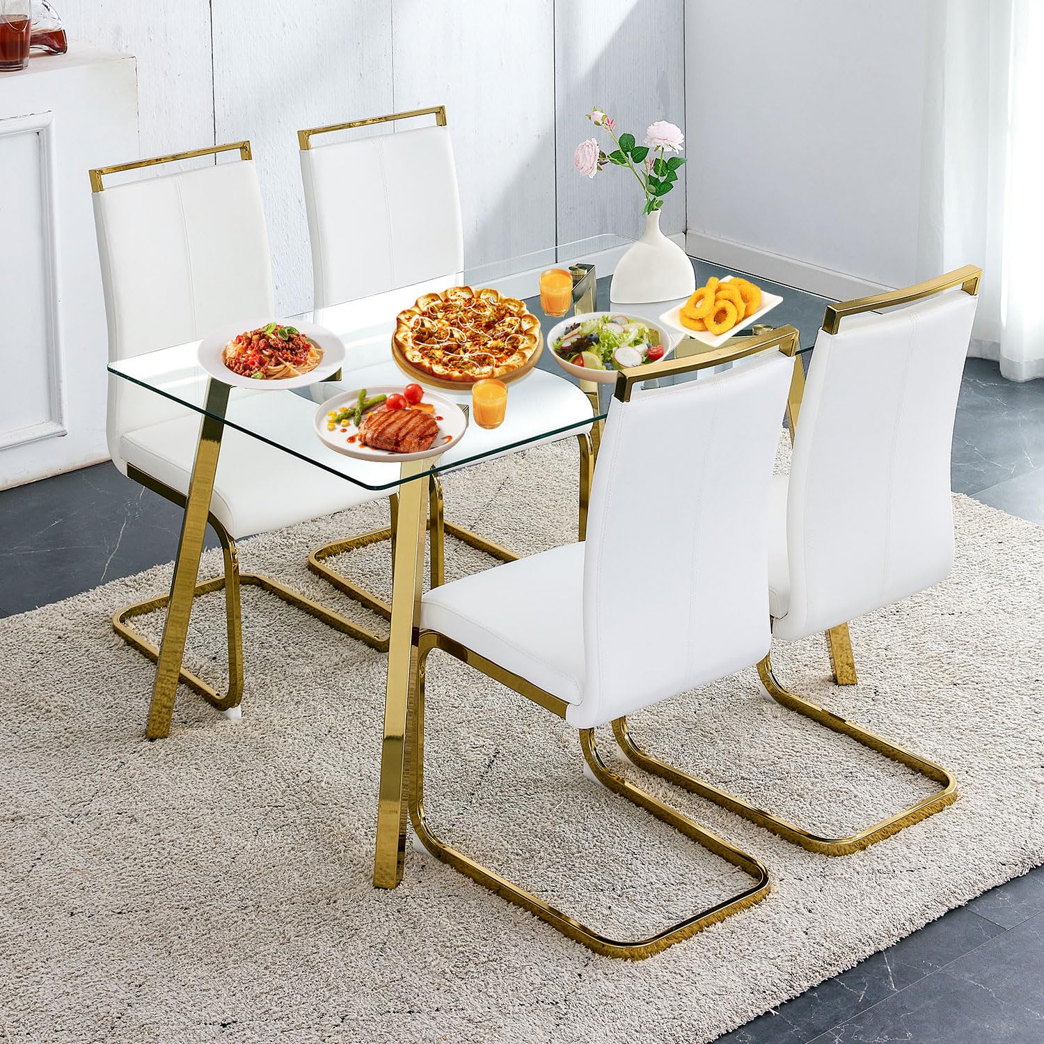 MEMUY Dining Table Set of 4,51 Rectangle Tempered Glass Table Top with Golden Metal Legs,Kitchen Room Table with 4 White Faux Le