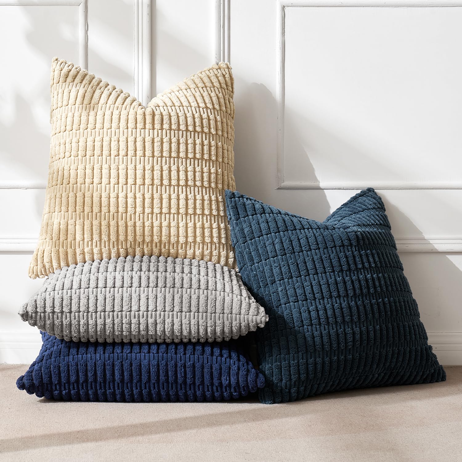 Miulee Pack Of 4 Modern Coastal Western Blue And Brown Corduroy Decorative Throw Pillow Covers 18X18 Inch Soft Striped Pillow Covers Home Decor For Sofa Living Room Couch Bed