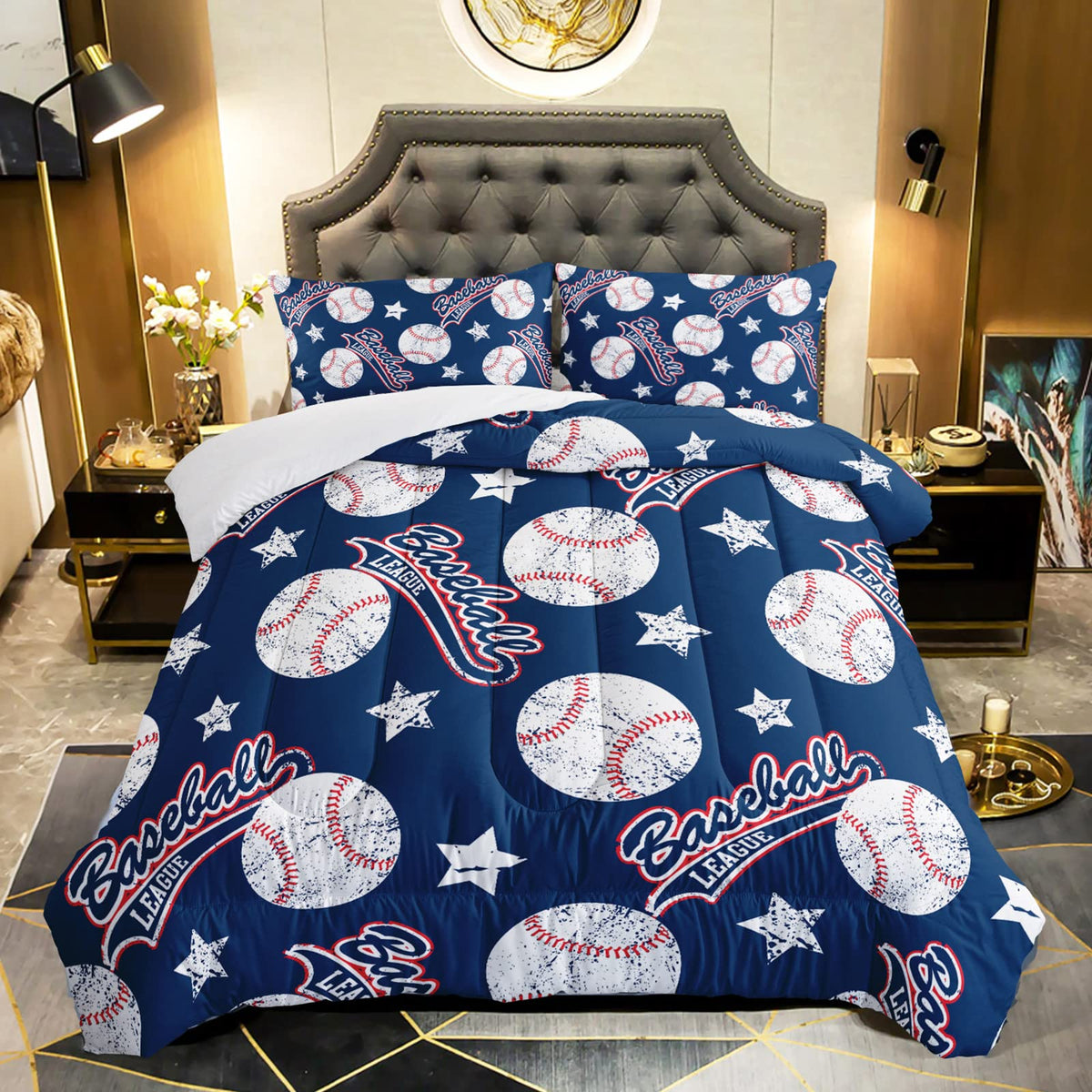 Qoomo 3D Baseballs Comforter Full Size,Blue Baseball Kids Comforter Set,3Pcs Bedding Set Printed Comforter With 2 Pillowcases,Do