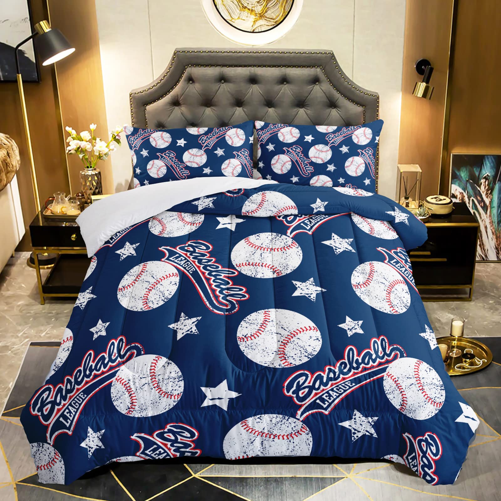 Qoomo 3D Baseballs Comforter Twin Size,Blue Baseball Kids Comforter Set,3Pcs Bedding Set Printed Comforter With 2 Pillowcases,Do