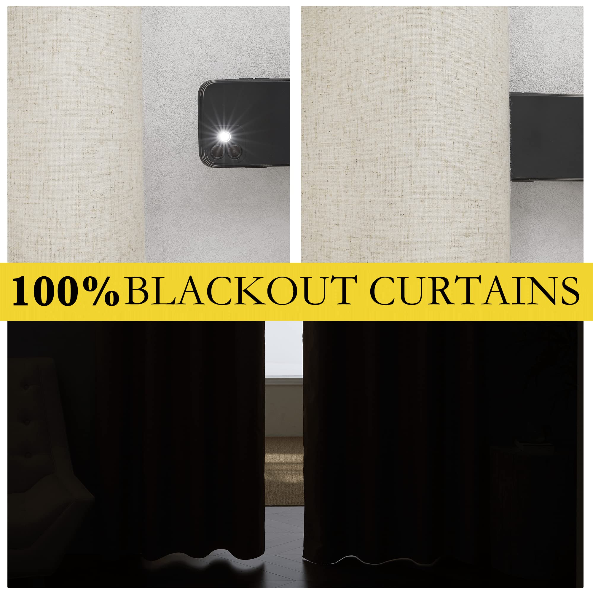 Nicetown Farmhouse Style 100% Blackout Natural Linen Curtains 90 Inches Length, 2 Panels, 42' W, Room Cooling Window Draperies With Thermal Insulated Liners For Dining Room