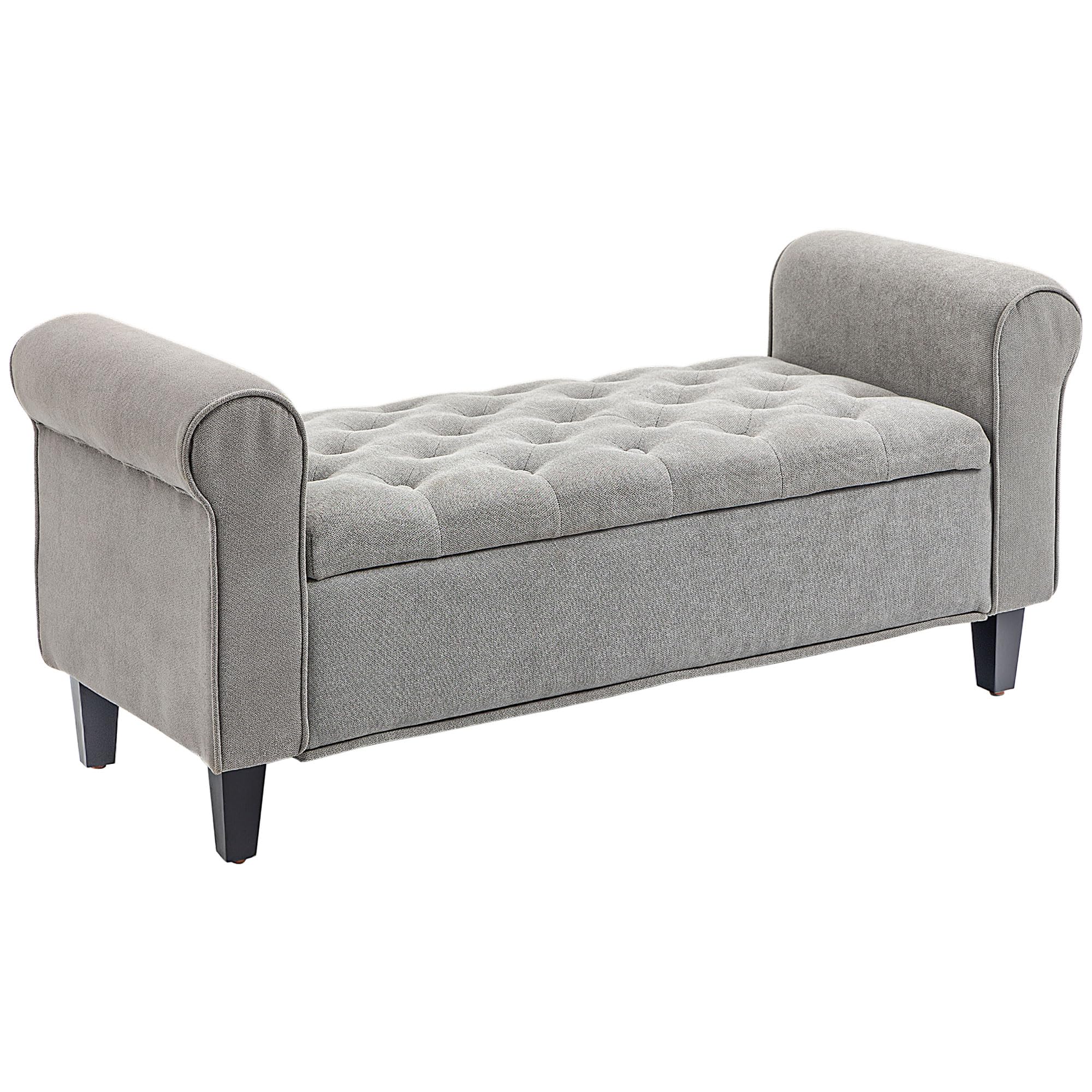 HOMCOM 50 Storage Ottoman Bench, Upholstered End of Bed Bench with Rolled Arms, Wood Legs, Button Tufted Storage Bench with Safe