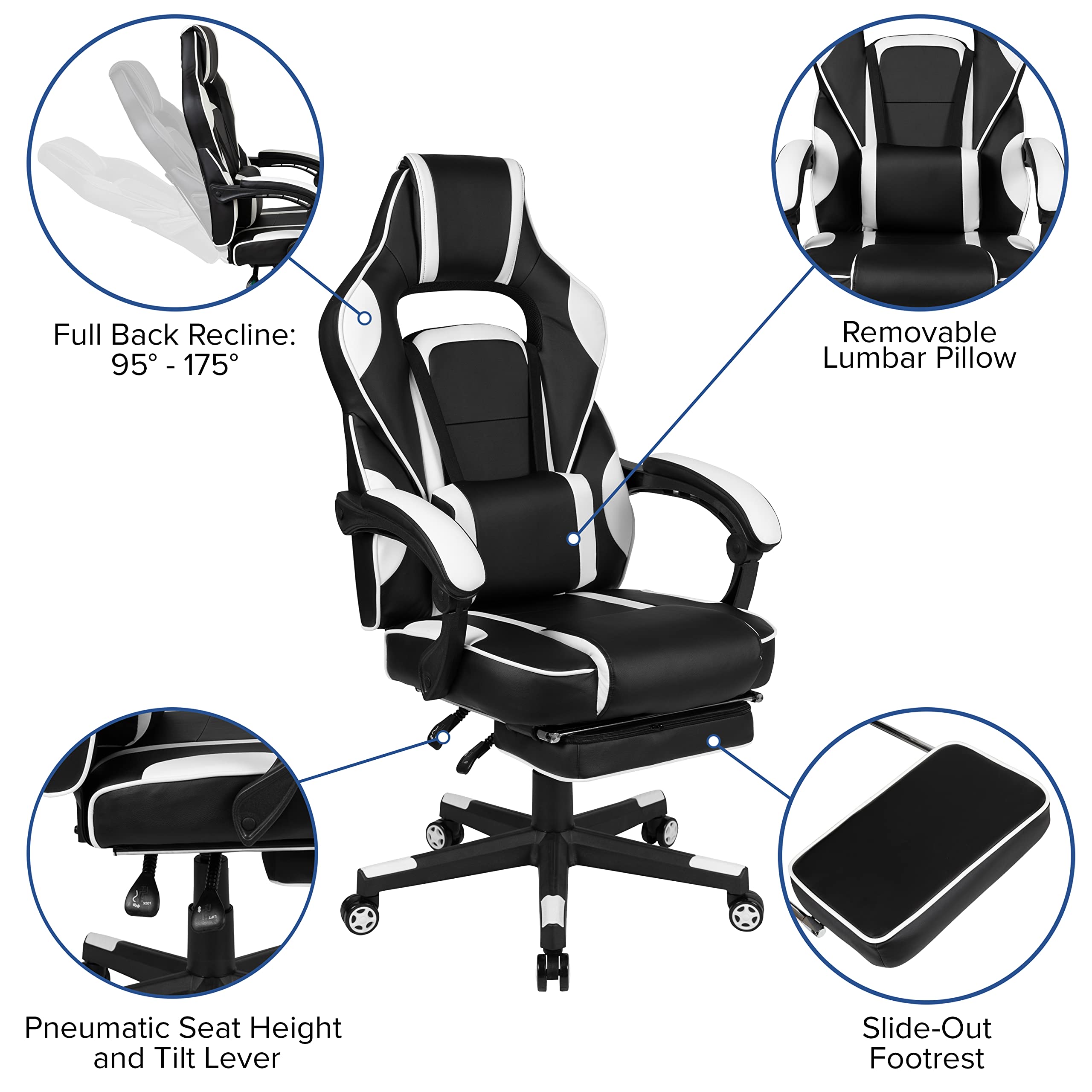 Flash Furniture Black Gaming Desk With Cup Holder/Headphone Hook/2 Wire Management Holes & White Reclining Back/Arms Gaming Chair With Footrest