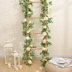 Dolicer 2Pcs 13Ft Artificial Eucalyptus Garlands With Flowers - 8 Camellias, Faux Floral Greenery Garlands Fake Flowers Vines Fo