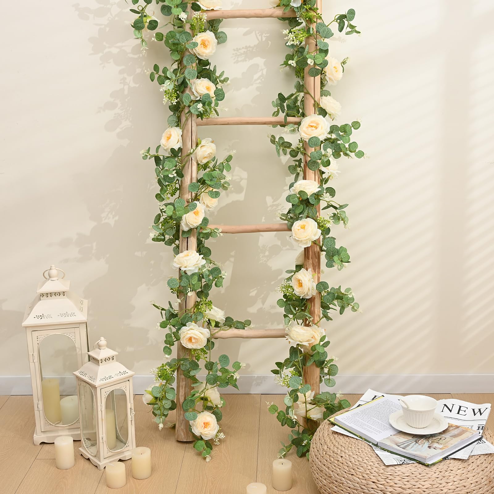 Dolicer 2Pcs 13Ft Artificial Eucalyptus Garlands With Flowers - 8 Camellias, Faux Floral Greenery Garlands Fake Flowers Vines Fo