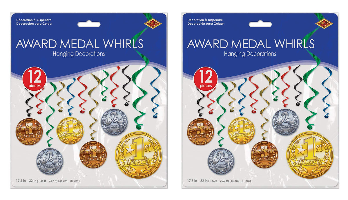 Beistle Award Medal Whirls 24 Piece Sports Party Supplies Hanging Spiral Decorations, 17.5' - 32', Multicolored