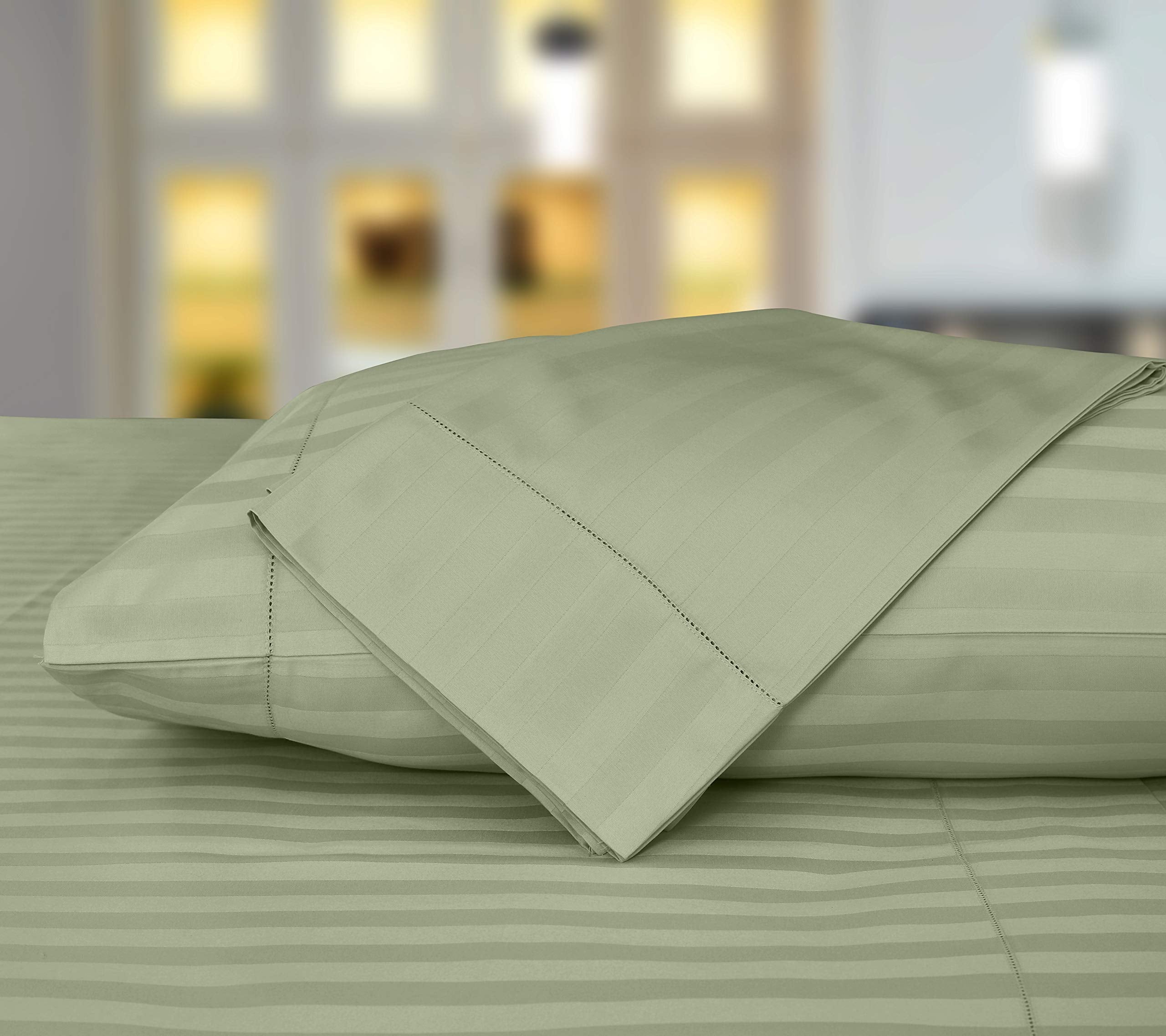 Threadmill 500 Thread Count Full-Size Damask Stripe, 4 Pc Luxury Cotton Bedding Set, Breathable Sage Green Sheets With 16'' Elas