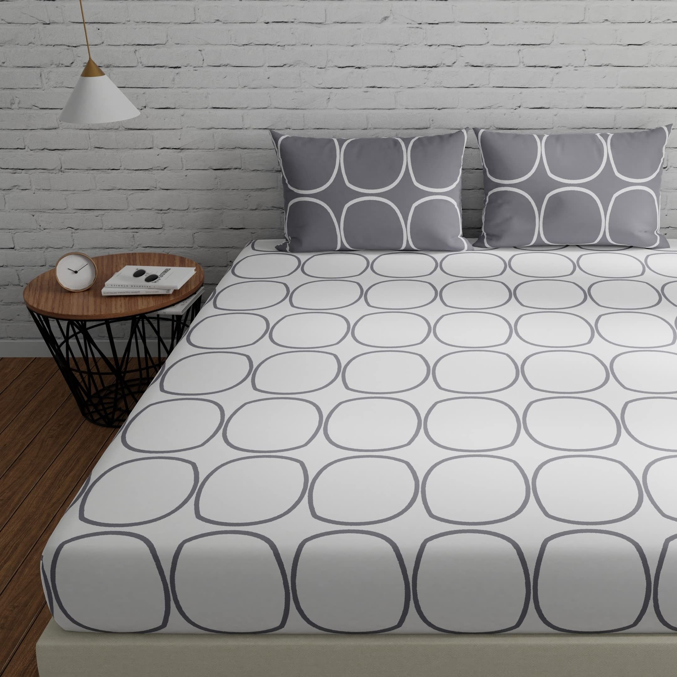 Huesland By Ahmedabad Cotton 144 Tc Bedsheet For King Size Bed With 2 Pillow Covers | 108 By 108 Inch | White & Grey