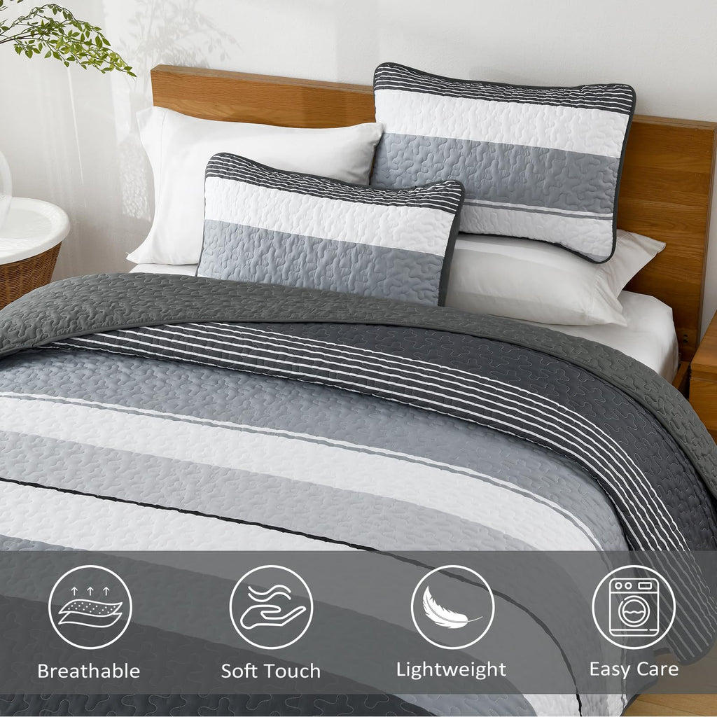 Dinjoy Black And White Boho Quilt Set Queen,Grey Striped Bedspread Queen Size Lightweight Fall Quilts 3 Pieces Patchwork Bedding