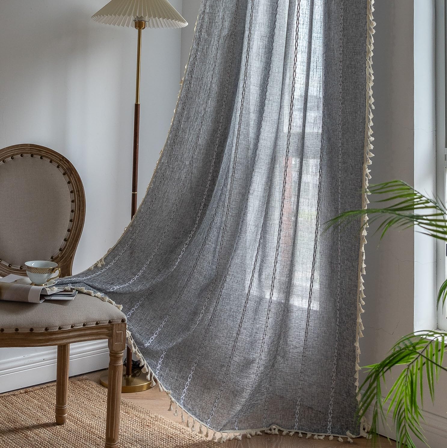 Sutuo Home Boho Curtains for Bedroom Living Room, Semi Blackout Linen Farmhouse Vintage Chic Tassels Window Treatment Bohemian E