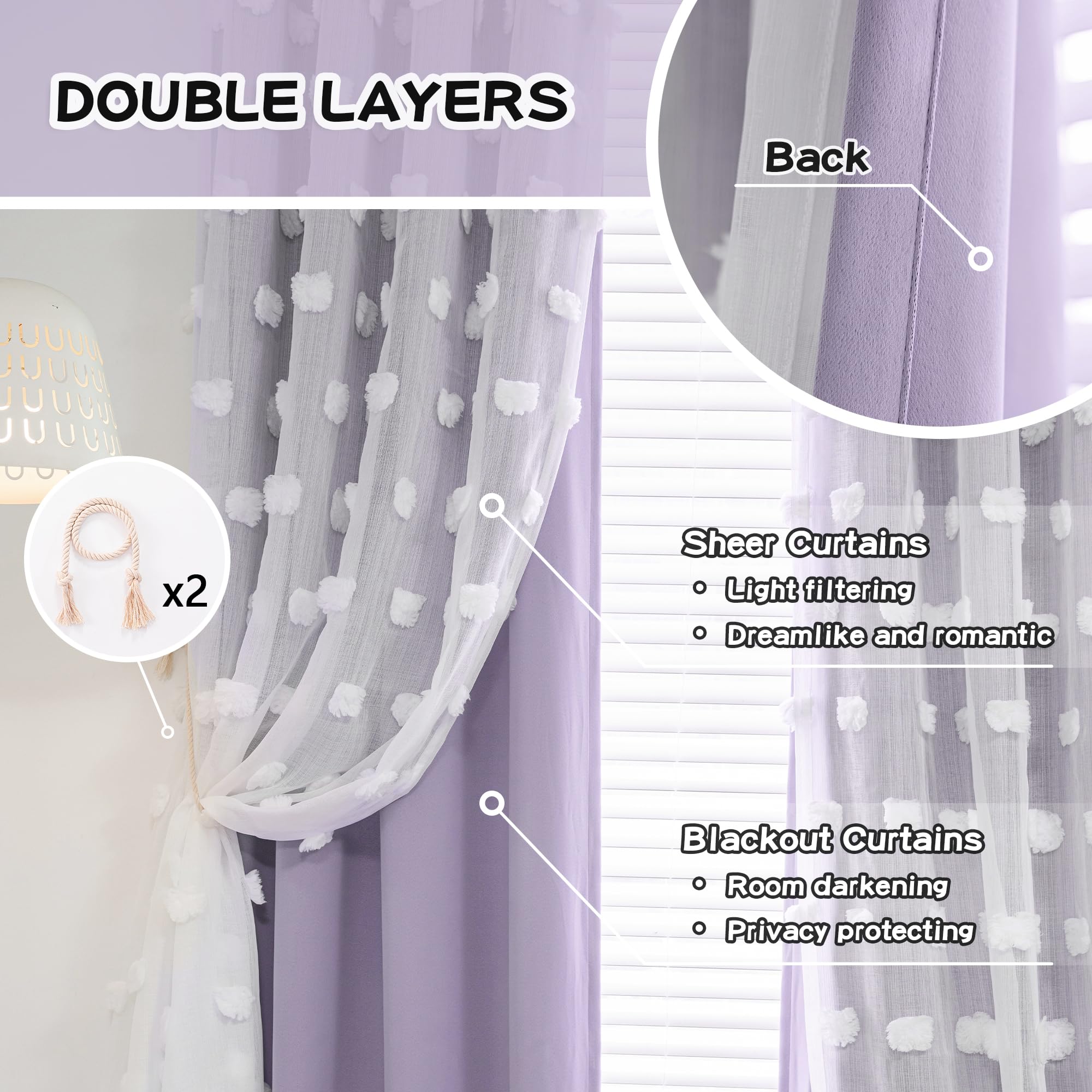 Mysky Home Lilac Curtains For Girls Bedroom Kids Curtain 54 Inches Length White Pom Pom Sheer Small Window Curtains 2 Panels Double Layer Curtains Grommet Room Darkening Nursery Curtains, W52 X L54