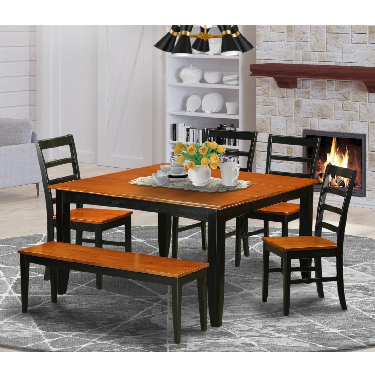 East West Furniture Parf6-Blk-W 6 Piece Modern Set Contains A Square Wooden Table With Butterfly Leaf And 4 Dining Room Chairs With A Bench, 54X54 Inch