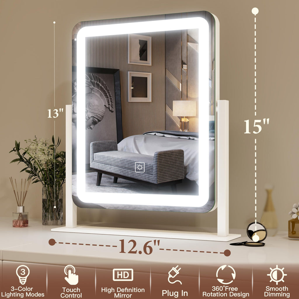 FENNIO LED Vanity Mirror with Lights - 15"x12.6", Dimmable Touch Screen, White Glass Makeup Mirror for Bedroom and Desk