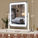 FENNIO LED Vanity Mirror with Lights - 15"x12.6", Dimmable Touch Screen, White Glass Makeup Mirror for Bedroom and Desk