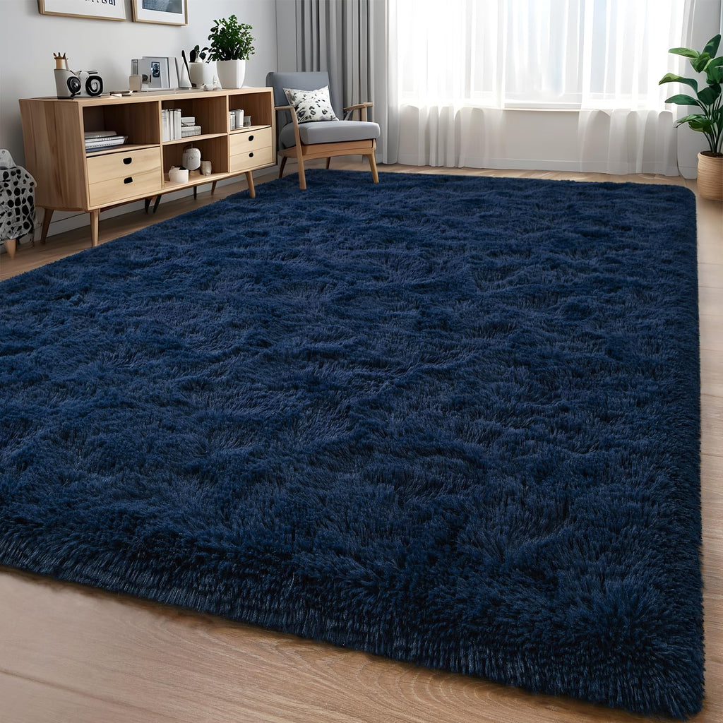 Larhom Extra Large Fluffy Shag Area Rug For Living Room, 8X10 Ft Navy Blue Fuzzy Plush Rugs For Bedroom, Kids Girls Boys Room, N