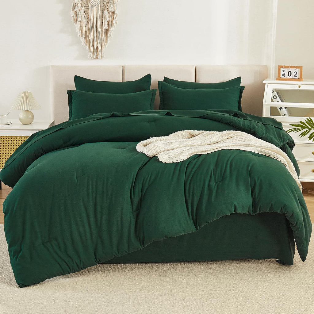 Litanika Full Size Comforter Sets Dark Emerald Green - 7 Pieces Bed In A Bag Full Beddding Comforter Sets, Solid Lightweight Bed