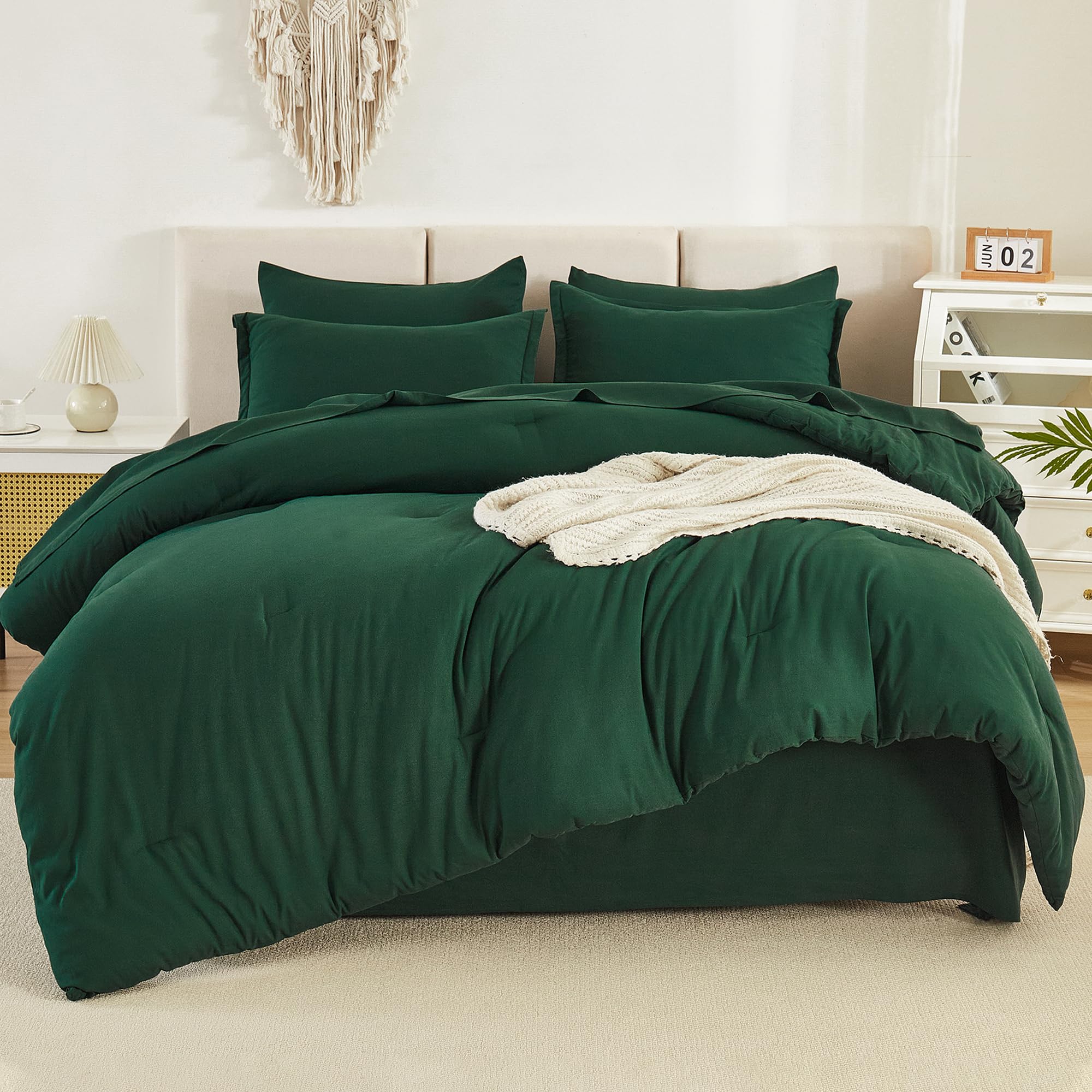 Litanika Full Size Comforter Sets Dark Emerald Green - 7 Pieces Bed In A Bag Full Beddding Comforter Sets, Solid Lightweight Bed