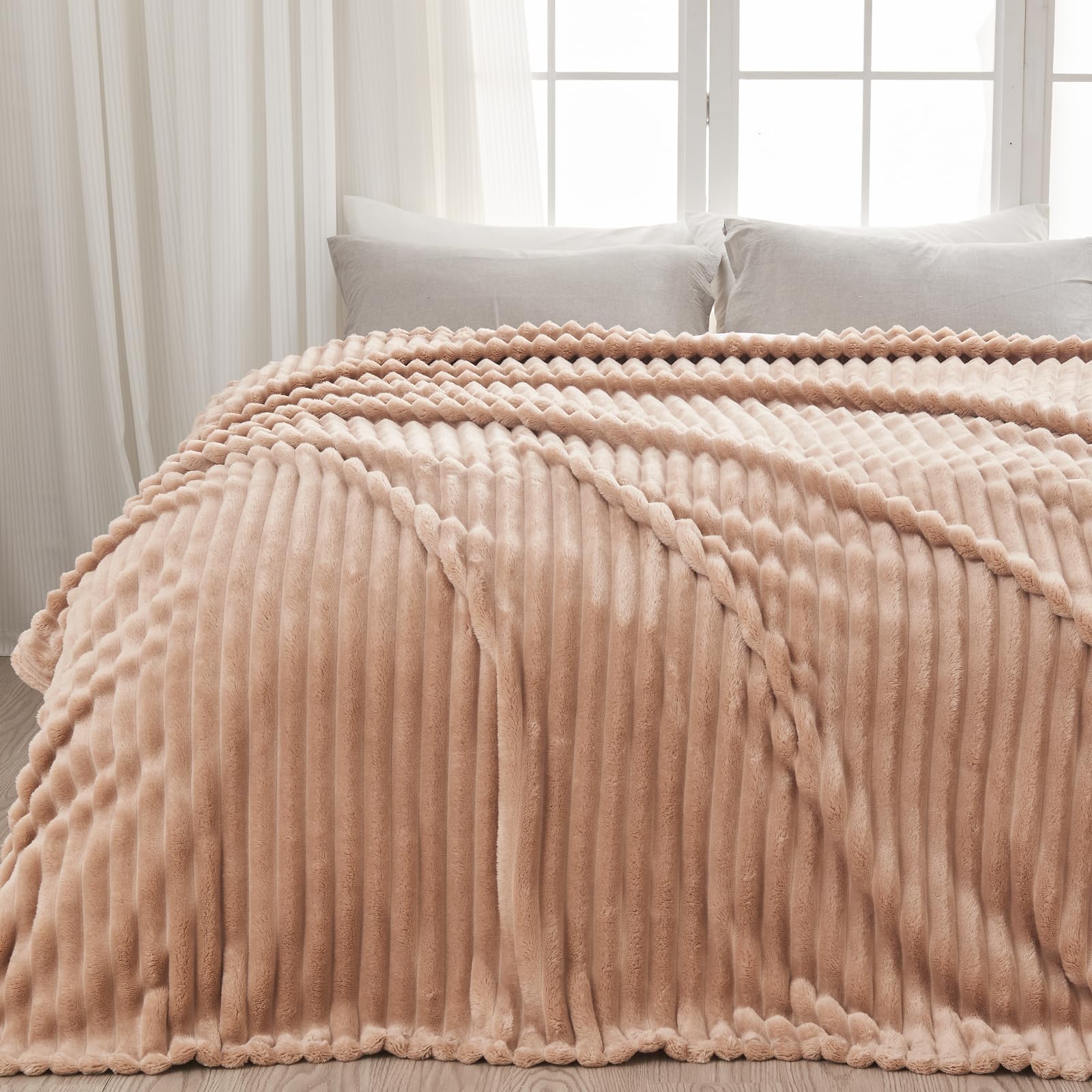 Newcosplay Super Soft Queen Blanket Taupe Premium Silky Flannel Fleece 3D Ribbed Jacquard Lightweight Bed Blanket All Season Use