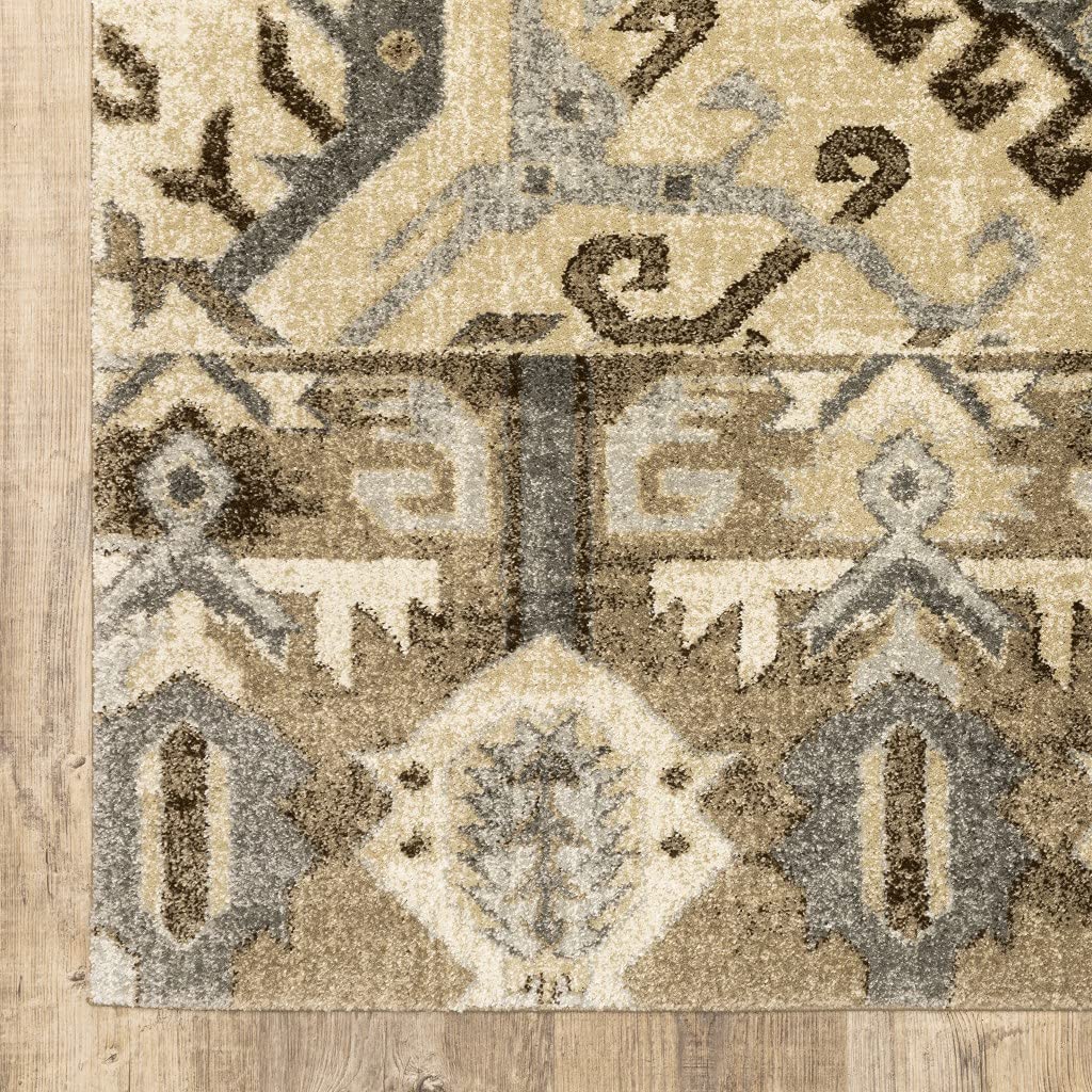 HomeRoots Polypropylene 7’ x 10’ Tan and Gold Central Medallion Indoor Area Rug