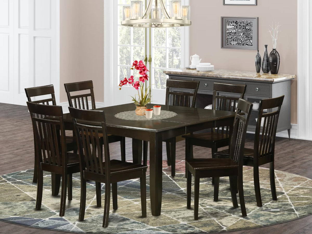 East West Furniture PFCA9-CAP-W 9 Piece Dining Table Set Includes a Square Wooden Table with Butterfly Leaf and 8 Dining Room Chairs, 54x54 Inch, Cappuccino