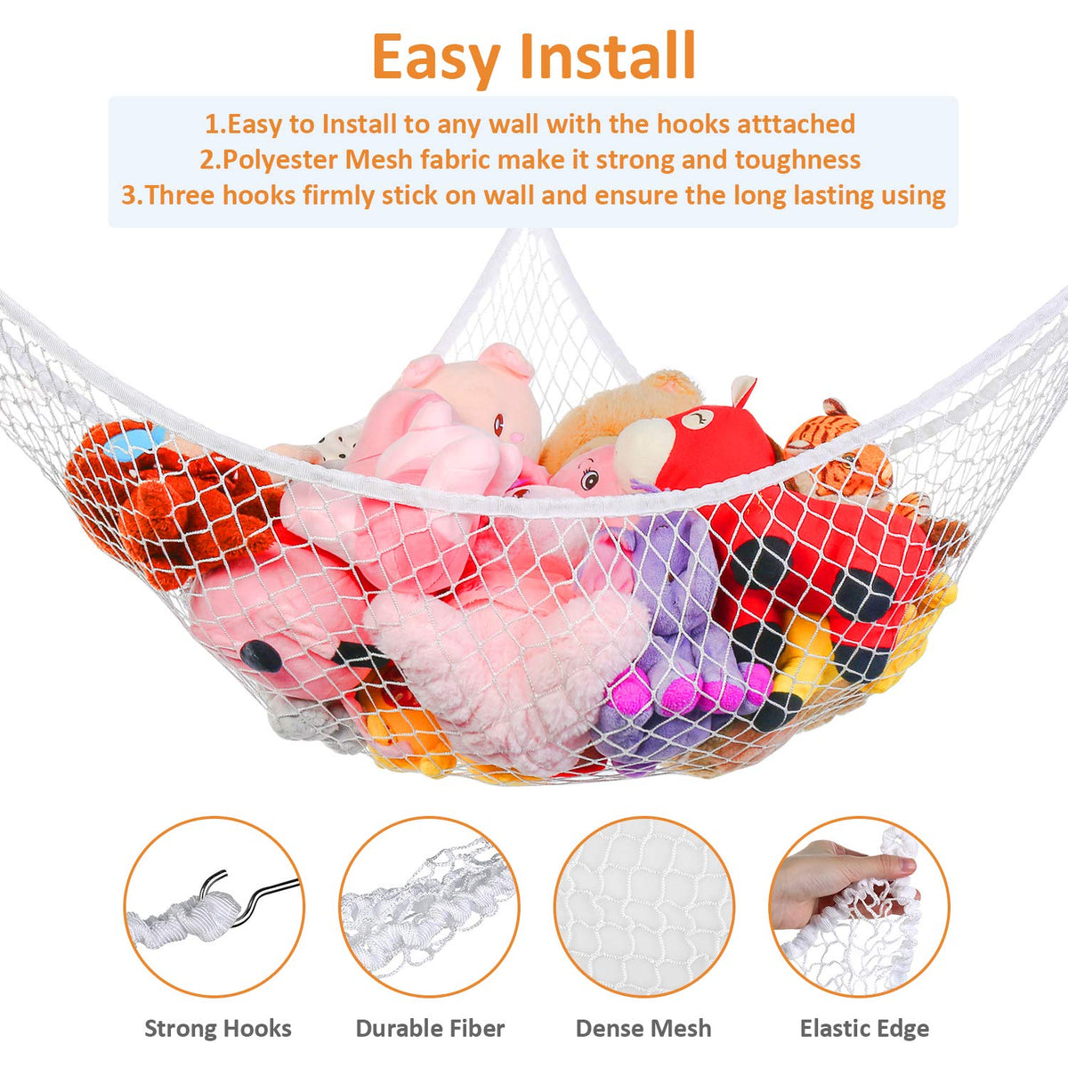 Kohuijoo Jumbo Toy Hammock Stuffed Animals And Toy Storage Hammock Net 70' Wall Sling Corner Extra Large Kids Children Mesh Toy Net Organizer White