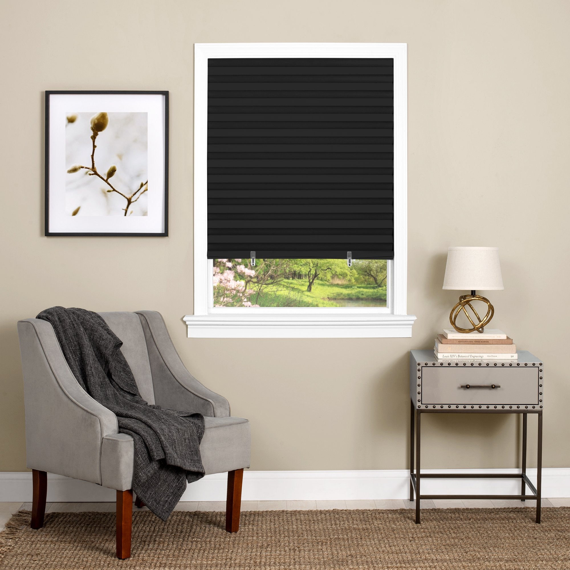 Cordless Room Darkening Temporary Pleated Vinyl Window Shades - 48 Inch Width, 75 Inch Length - Black - 1-2-3 Peel N Stick - Li