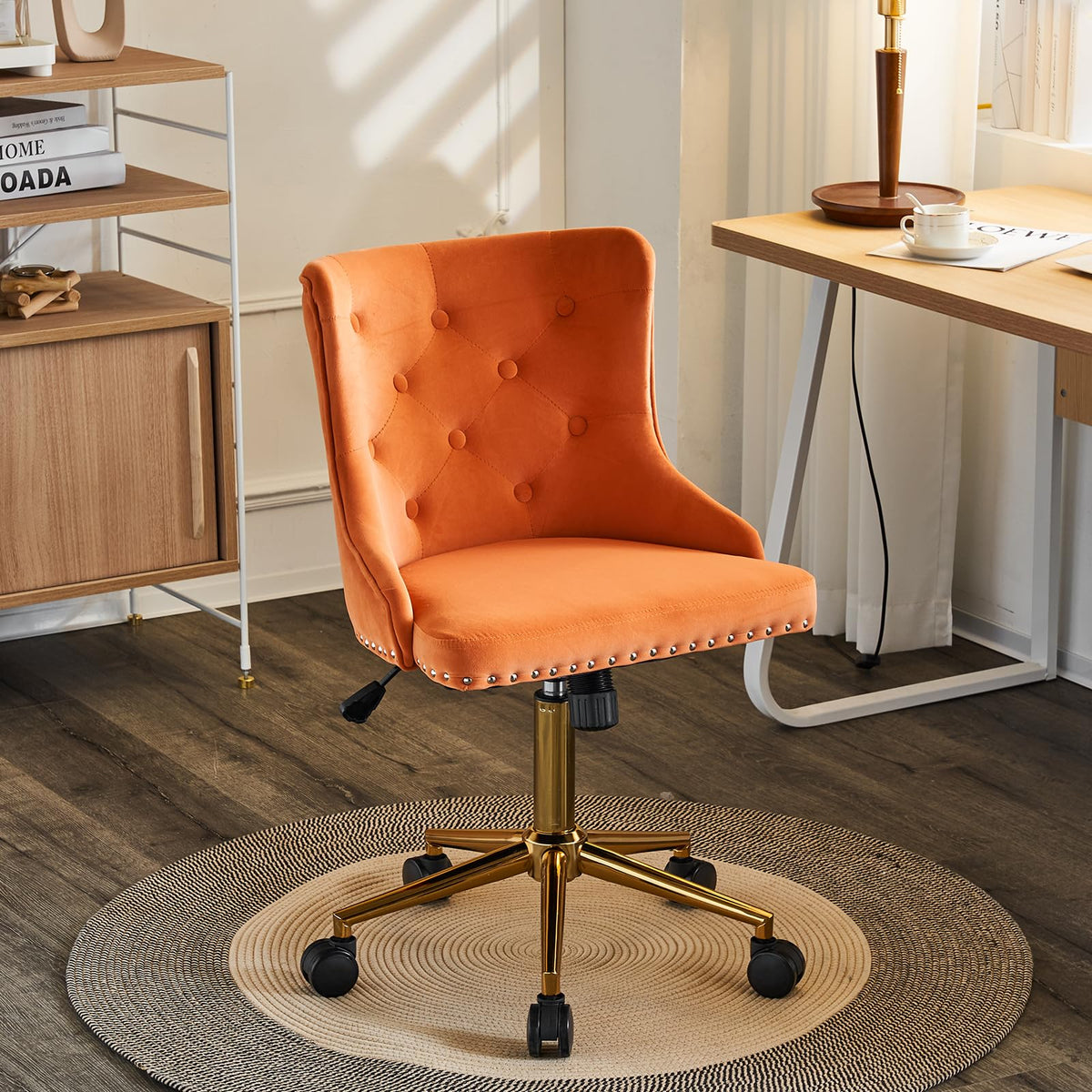 Vingli Orange Velvet Armless Home Office Desk Chair With Gold Base/Wheels, Small Cute Vanity/Makeup Chair With Back For Bedroom,