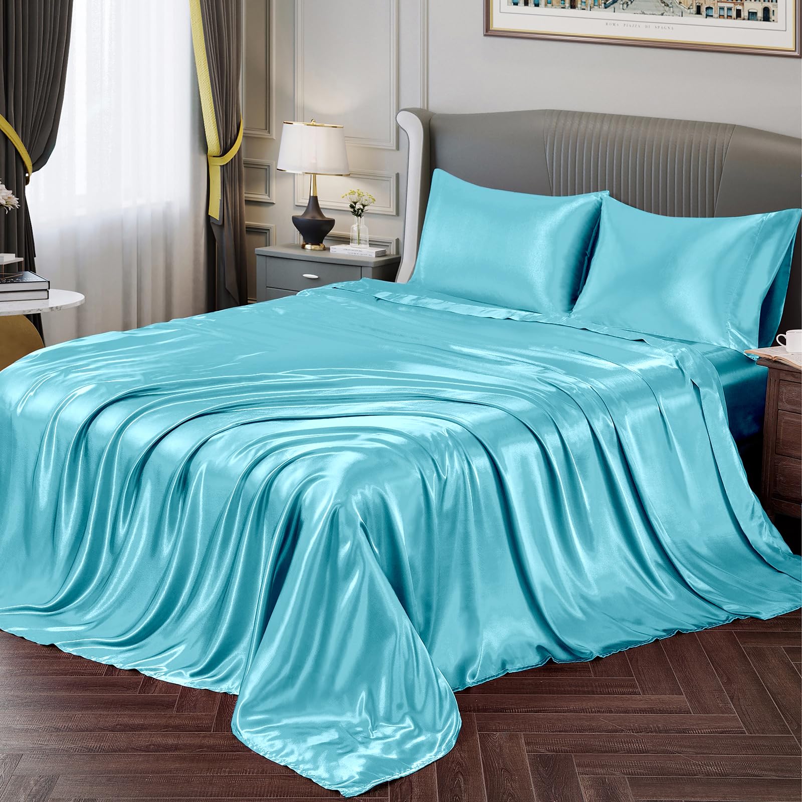 Vonty Satin Sheets Queen Size Silky Soft Satin Bed Sheets Sky Blue Satin Sheet Set, 1 Deep Pocket Fitted Sheet + 1 Flat Sheet +