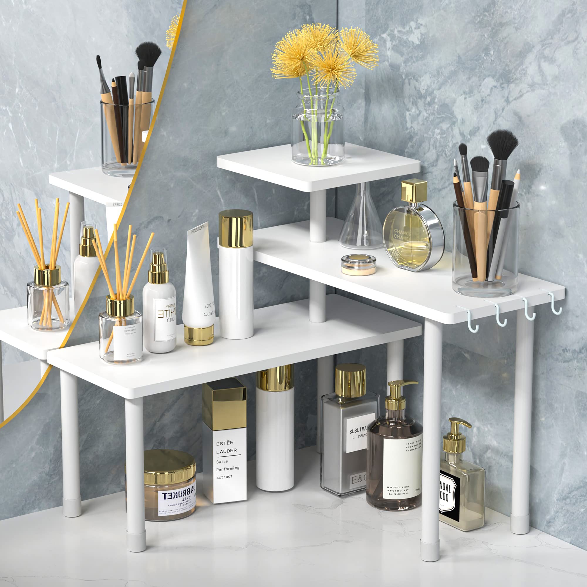 JayRex Bathroom Organizer Countertop Bathroom Shelf, 3 Tier Corner Shelf Adjustable Bamboo Organizer for Bathroom Counter, Make 
