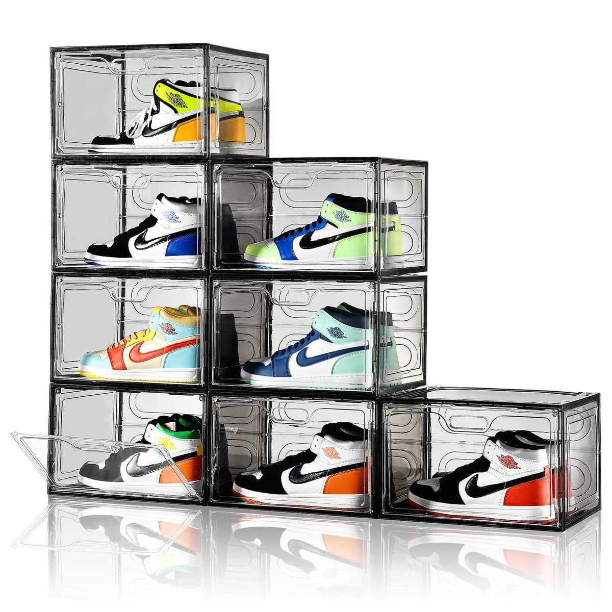Amllas New Gray 8 Pack Shoe Boxes Stackable, Large Shoe Storage Organizer With Lids,Drop Side Shoe Containers For Entryway,Sneaker Storage Fit Up To Us Size 14 For Men/Women(13’’X 10.6”X 8.3”)