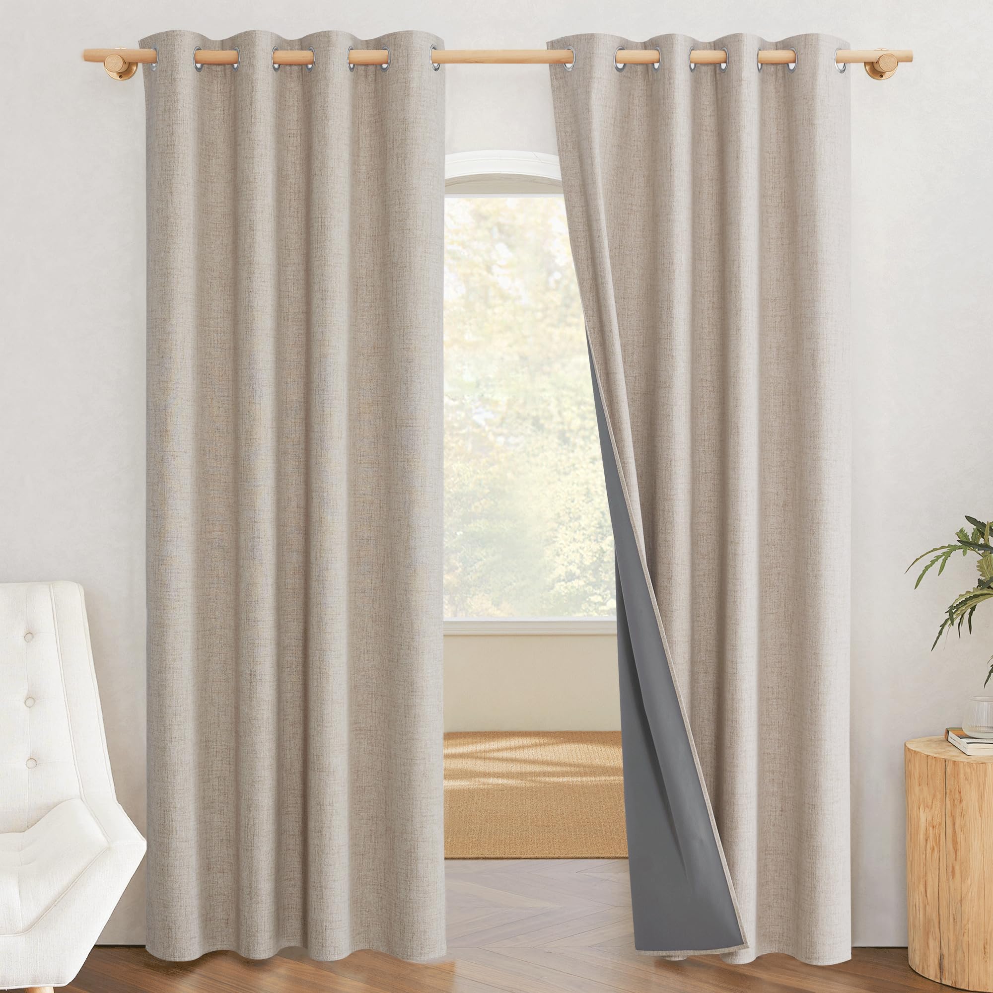 Nicetown Farmhouse Style 100% Blackout Oatmeal Linen Curtains 90 Inches Length, 2 Panels, 52' W, Room Cooling Window Draperies With Thermal Insulated Liners For Dining Room